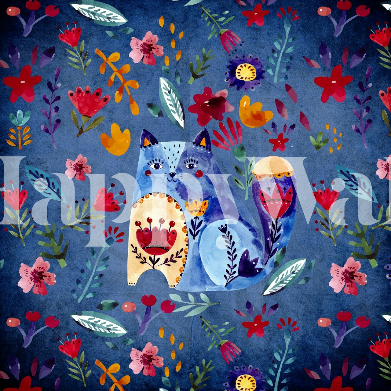 Doodle Cat and Flowers wall mural with hand-drawn cats and colorful floral patterns on a blue background.