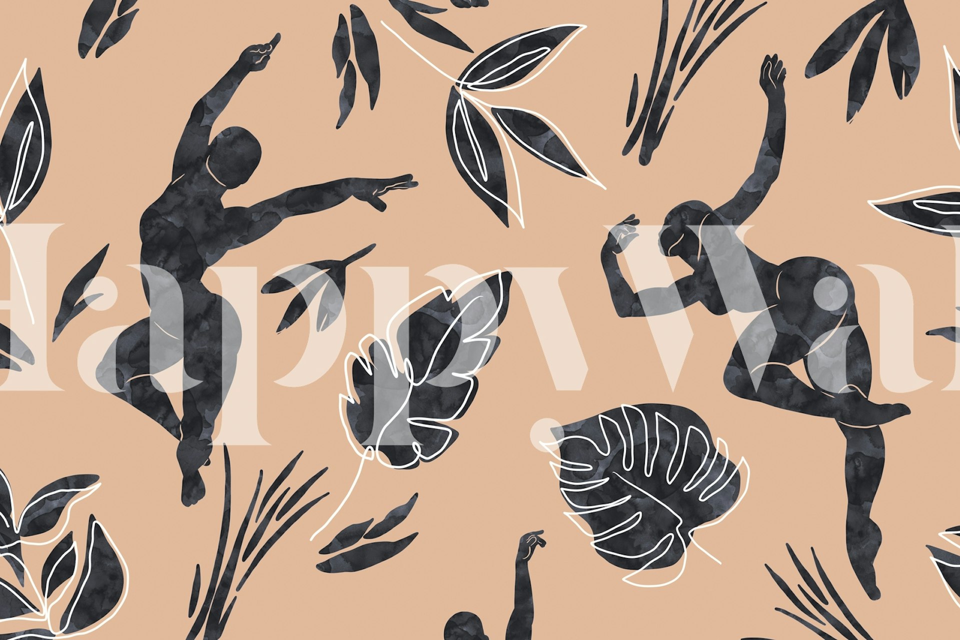 Abstract dance figures in black on beige background with leaves wallpaper