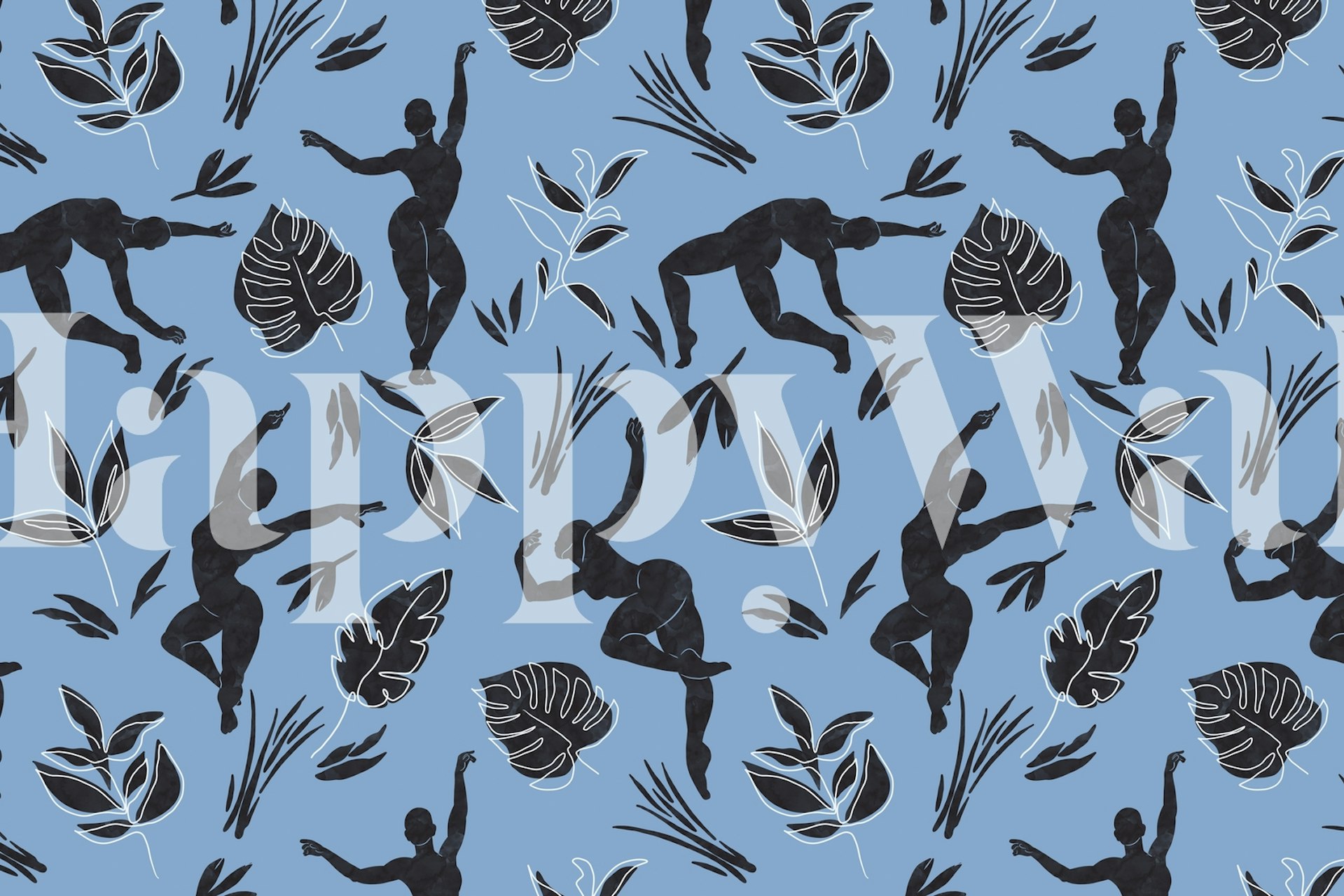 Black silhouettes of dancing figures amidst white leaves on blue wallpaper.