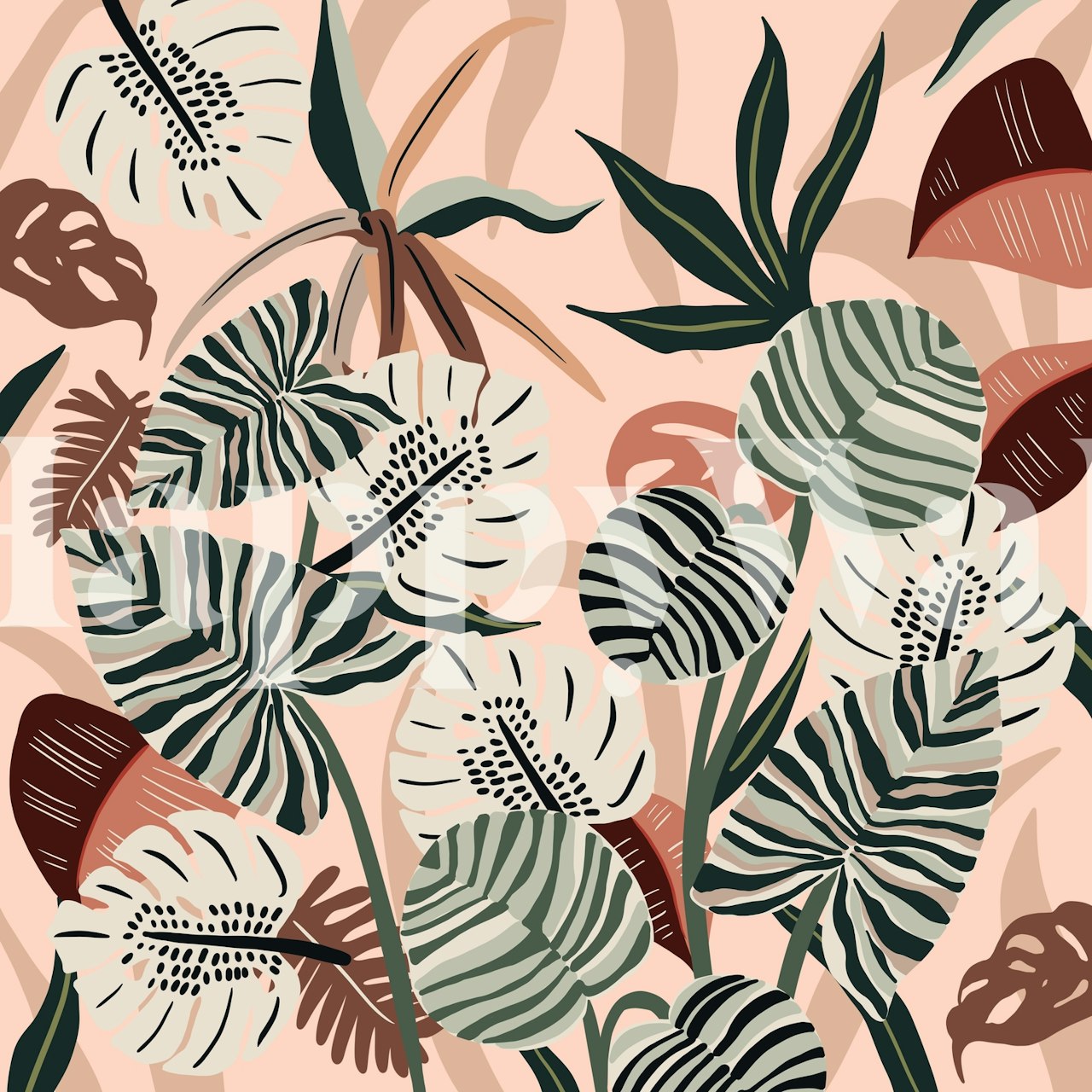 Tropical palm leaves and flowers in green and beige wallpaper