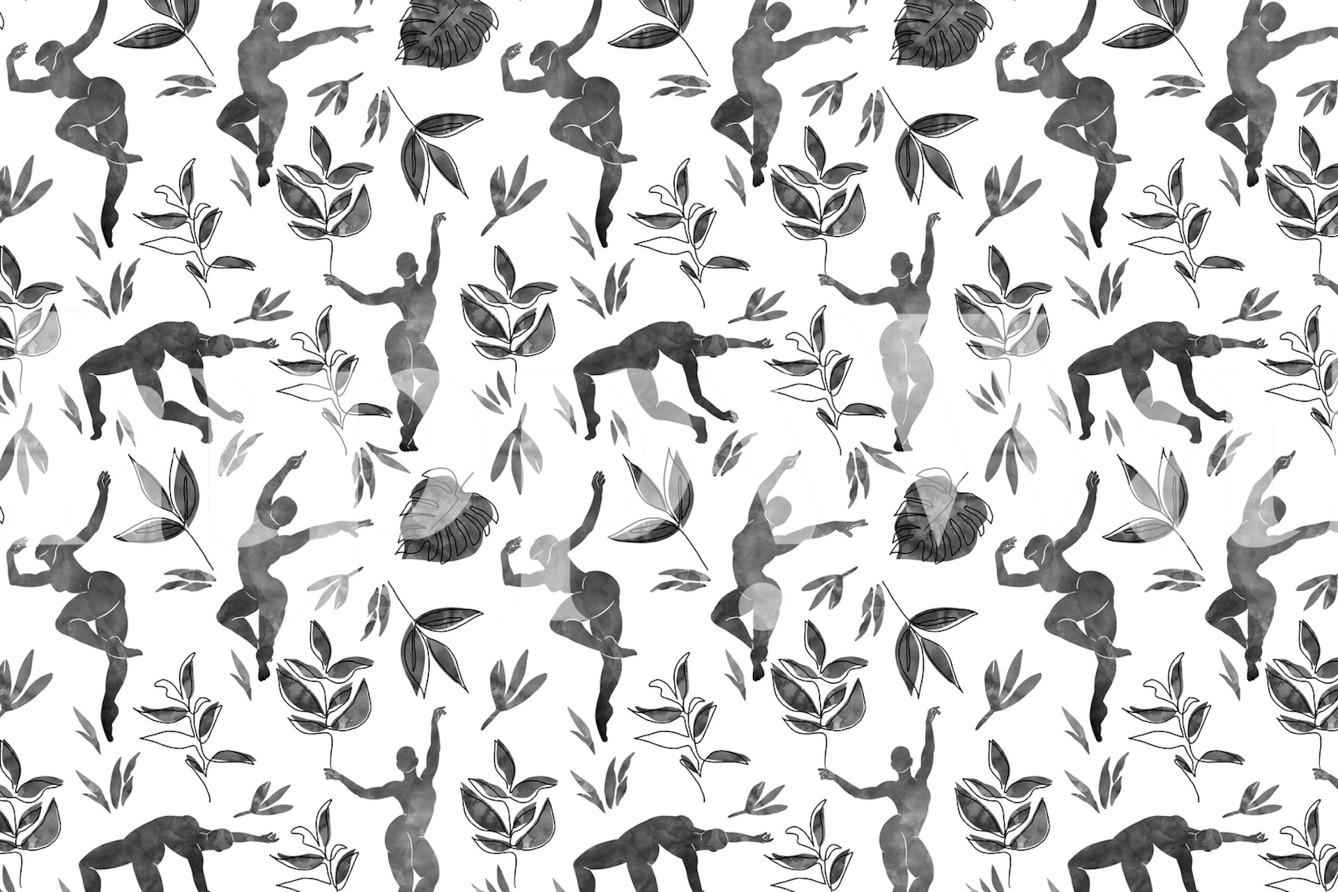 Black and white wallpaper with human figures and leaves