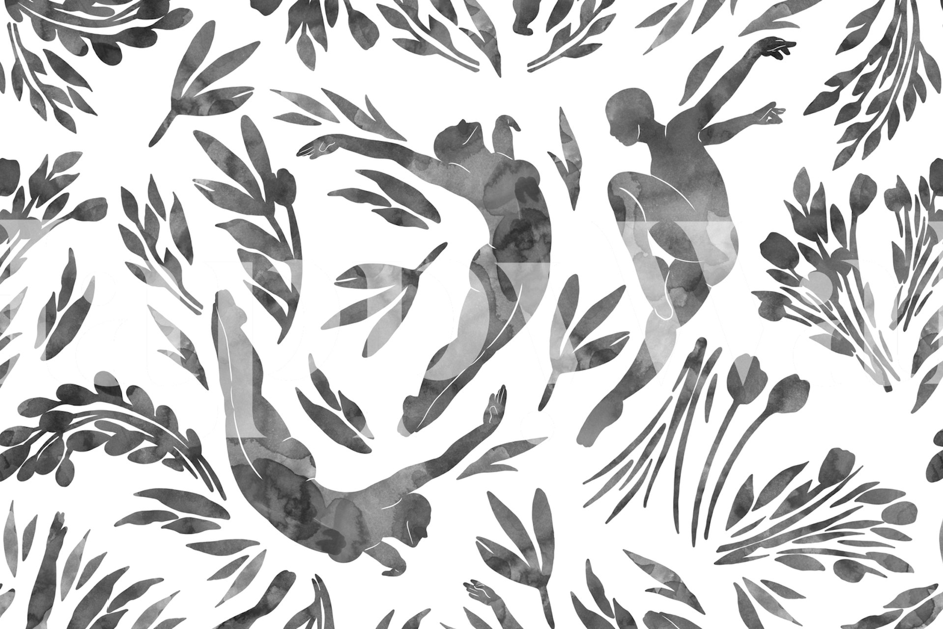 Μαύρη και άσπρη τοιχογραφία Silhouette women nature σε BW 4