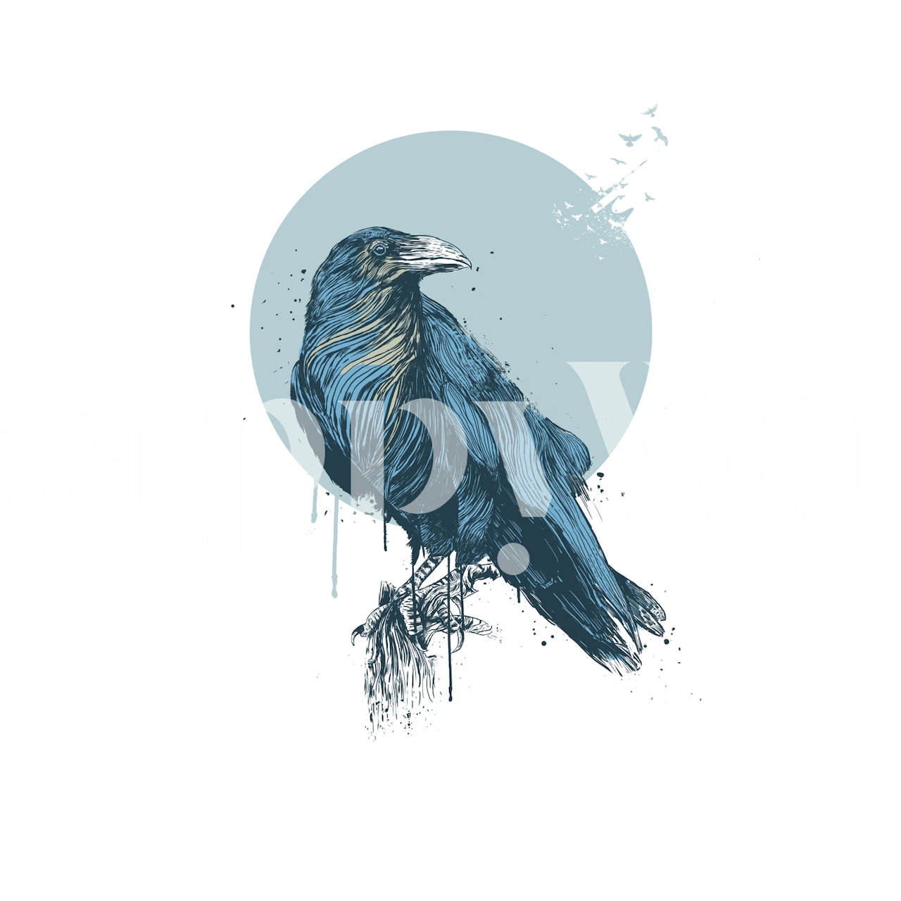 Blå kråke-veggmaleri med abstrakt design på en minimalistisk bakgrunn