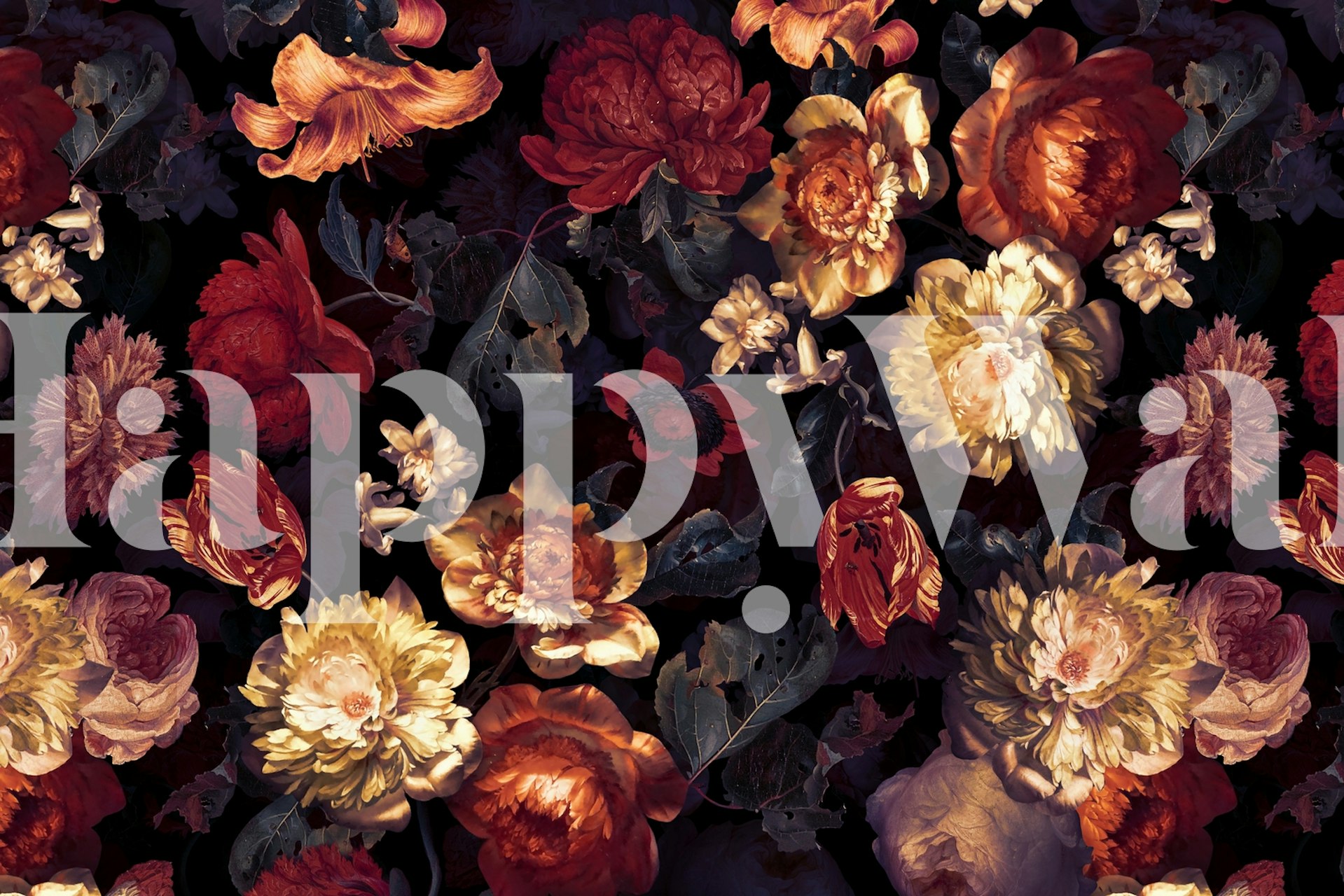 Moody floral wallpaper featuring red, yellow, and purple flowers on dark background