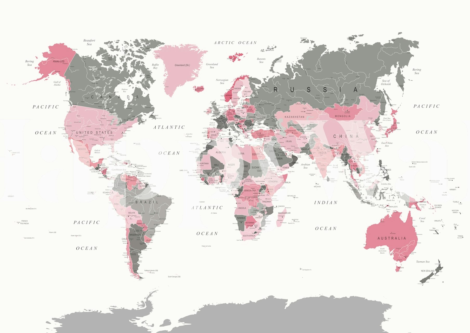 Stilig veggmaleri på verdenskart med rosa høydepunkter og setningen Oh The Places You'll Go! til hjemmeinnredning.
