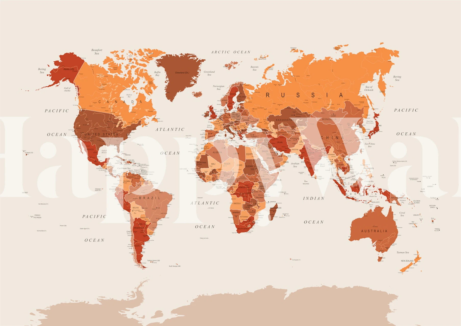 World map in burnt orange tones with geographical details wallpaper