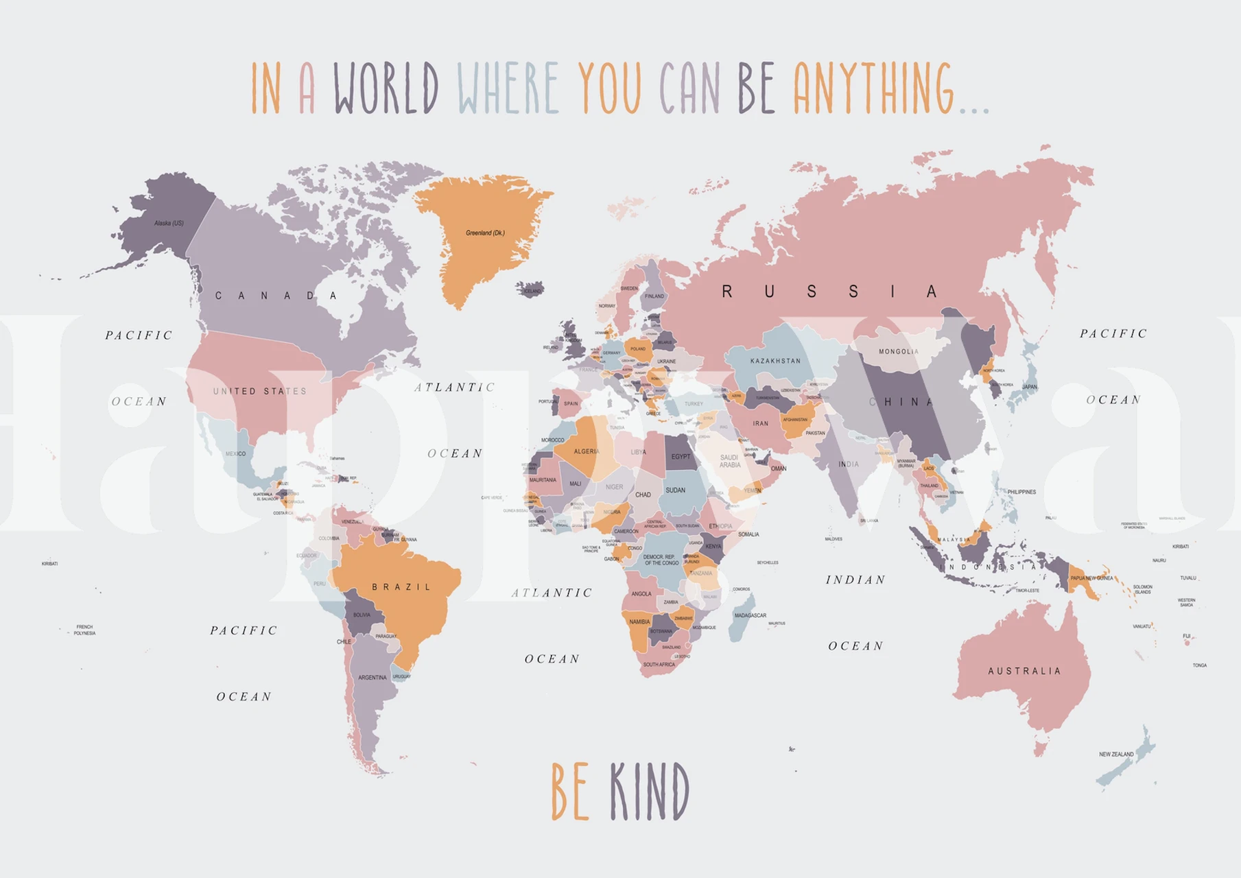 Pastel world map with quote 'Be Kind' in soft colors wallpaper