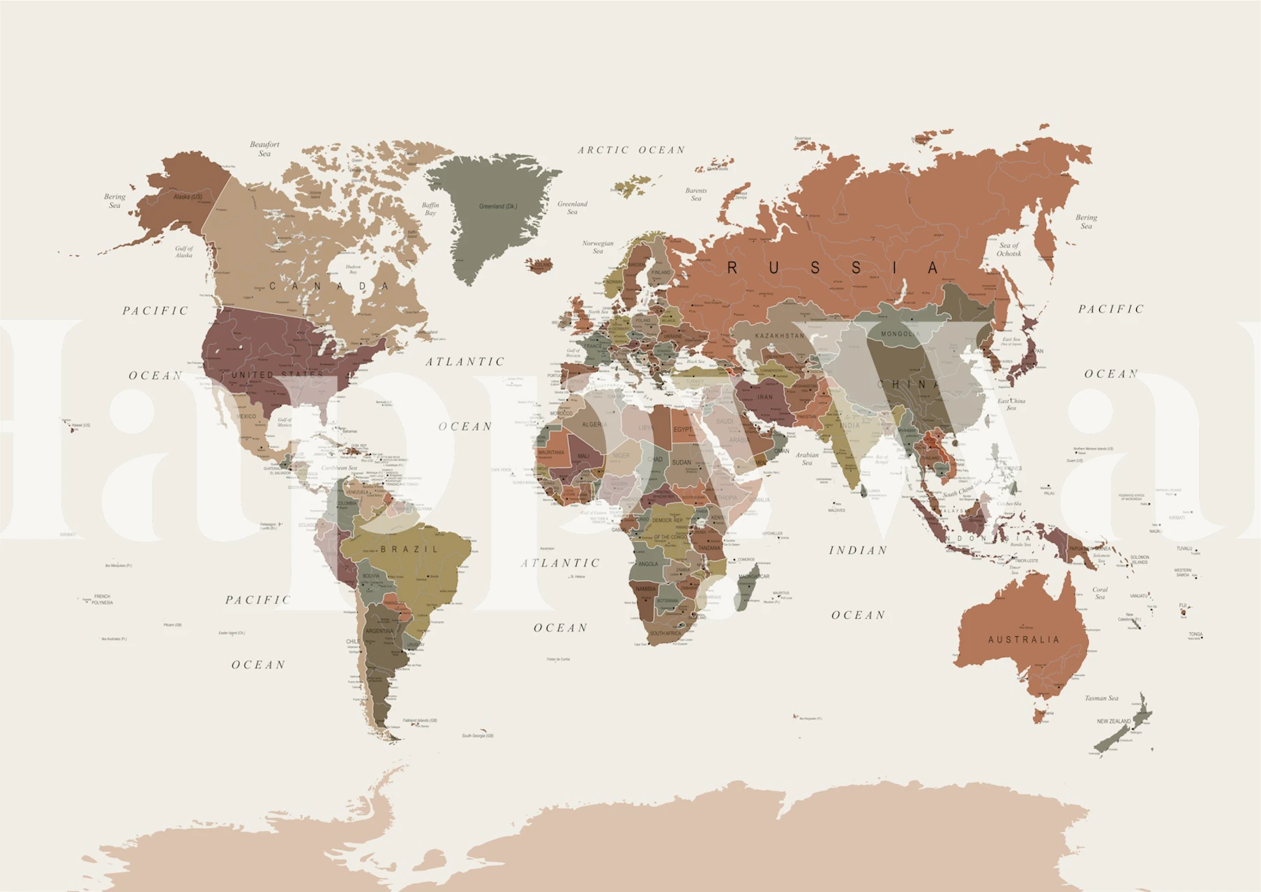 Earthy toned world map wall mural in subtle shades of brown and green