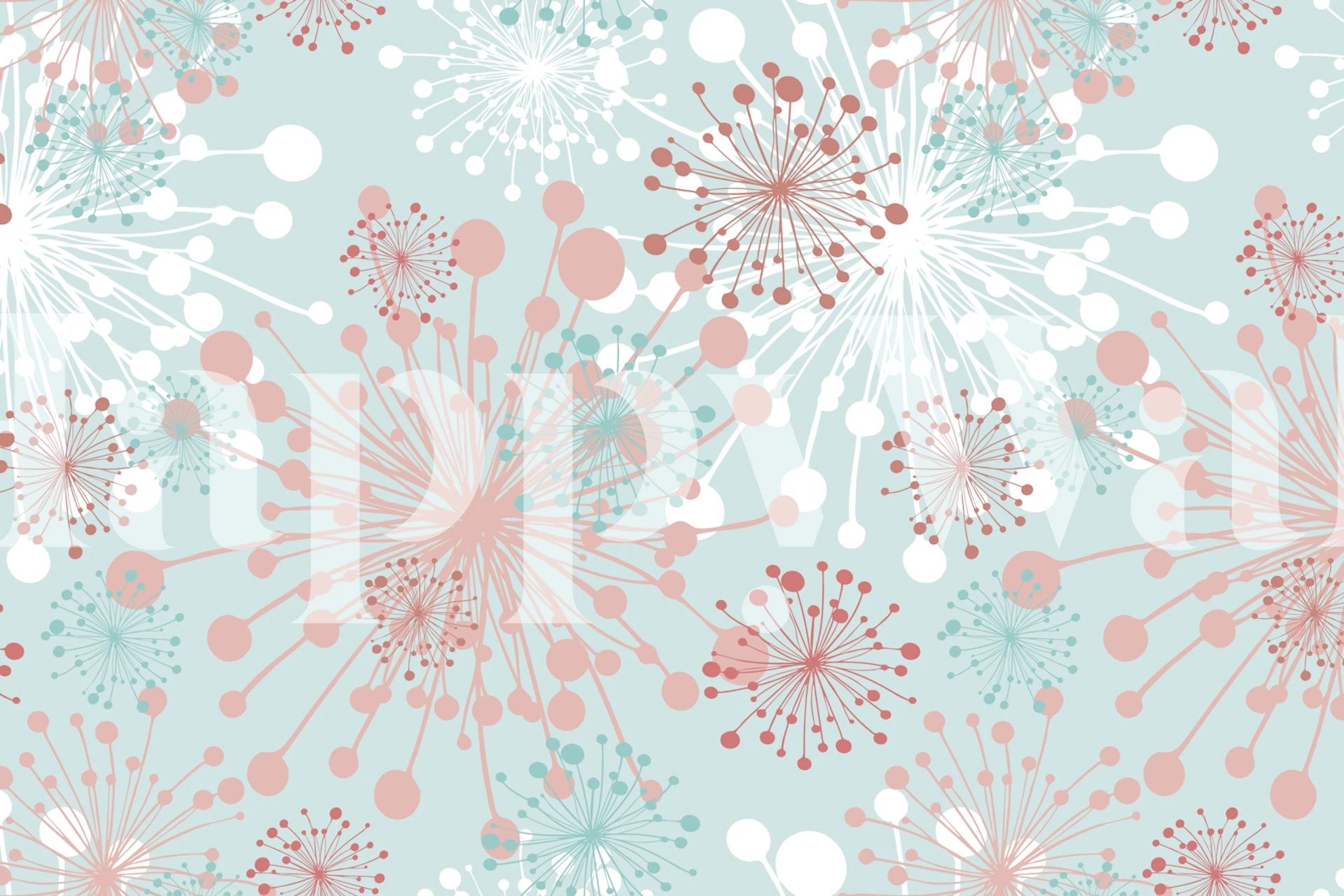 Mural de pared de diente de león con color azul menta y caprichosas siluetas de diente de león en suaves tonos rosa y azul.