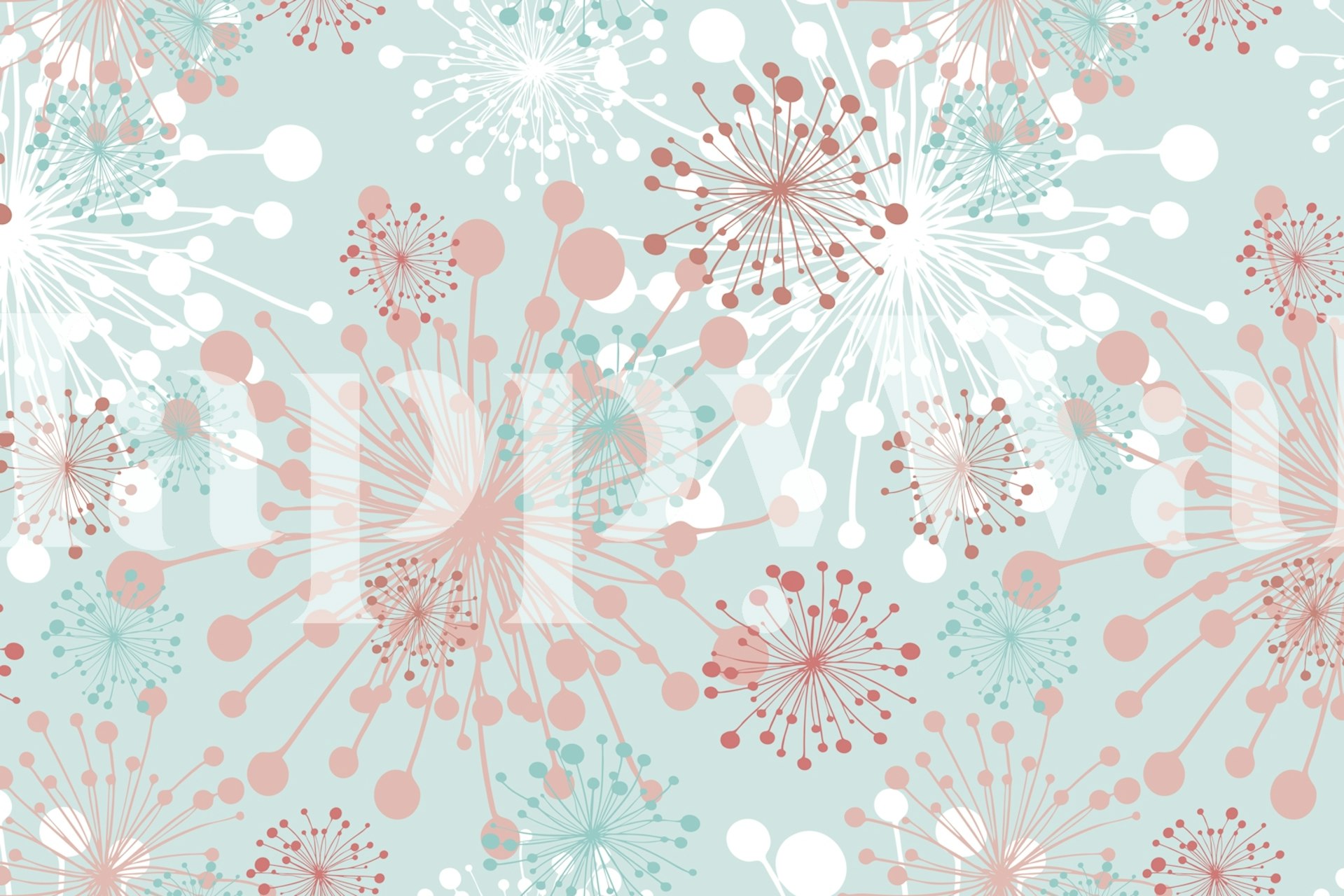 Mural de parede Dandelions Mint Blue Blush com silhuetas caprichosas de dente-de-leão em tons suaves de rosa e azul.