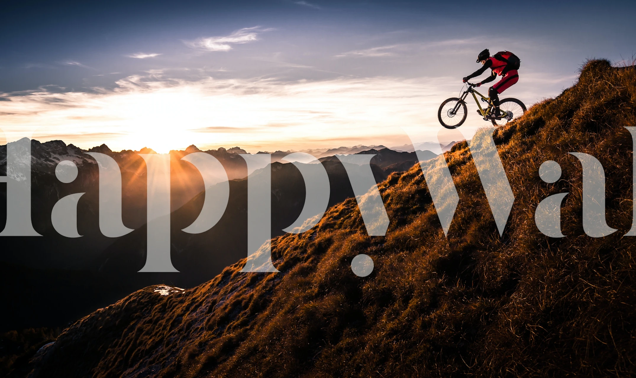 Mountain biking silhouette at sunset, orange and blue sky, adventurous wallpaper