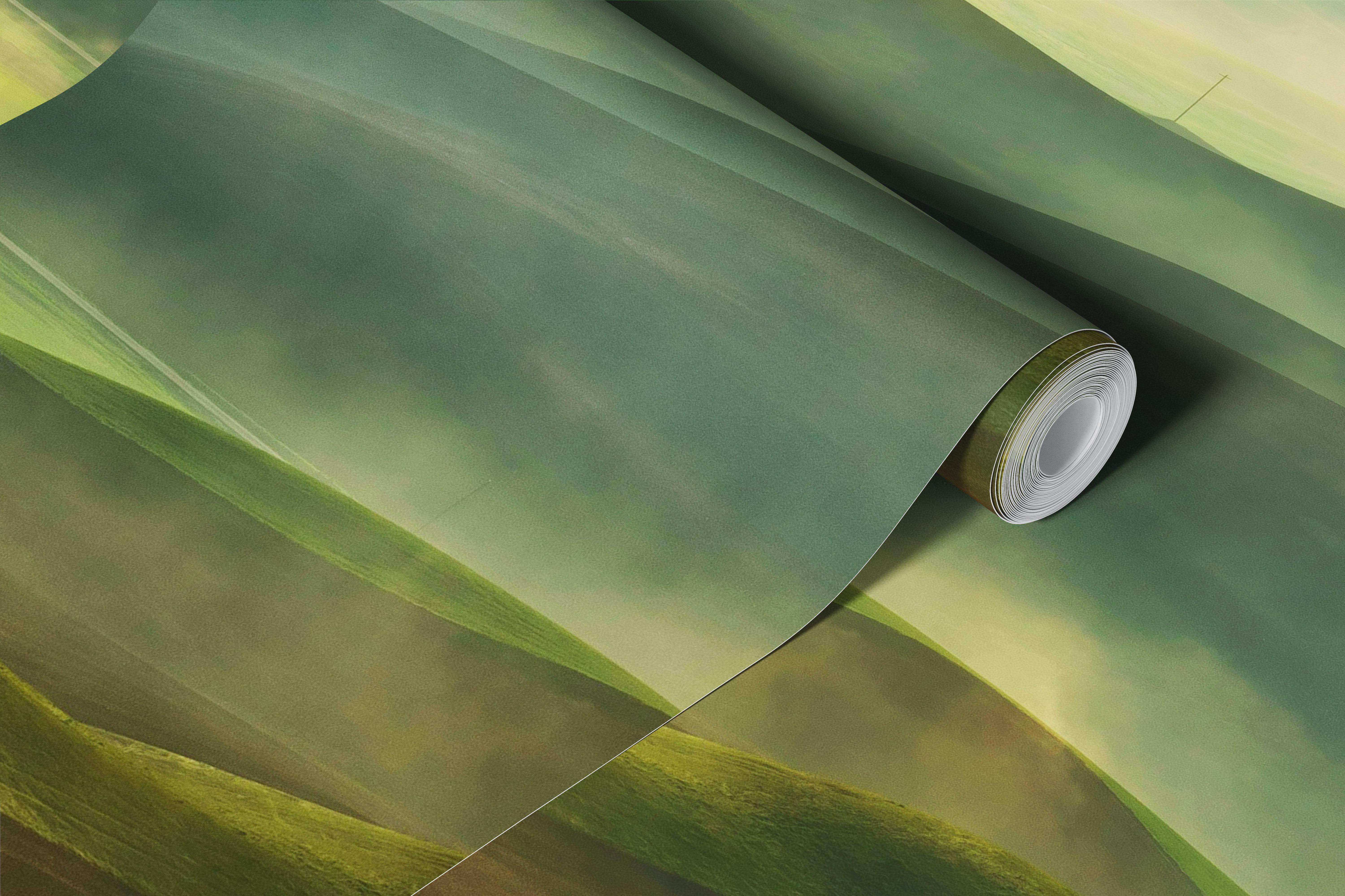 Een fotobehang met een zonsopgang boven de glooiende heuvels van de Palouse, met gouden licht en schaduwen