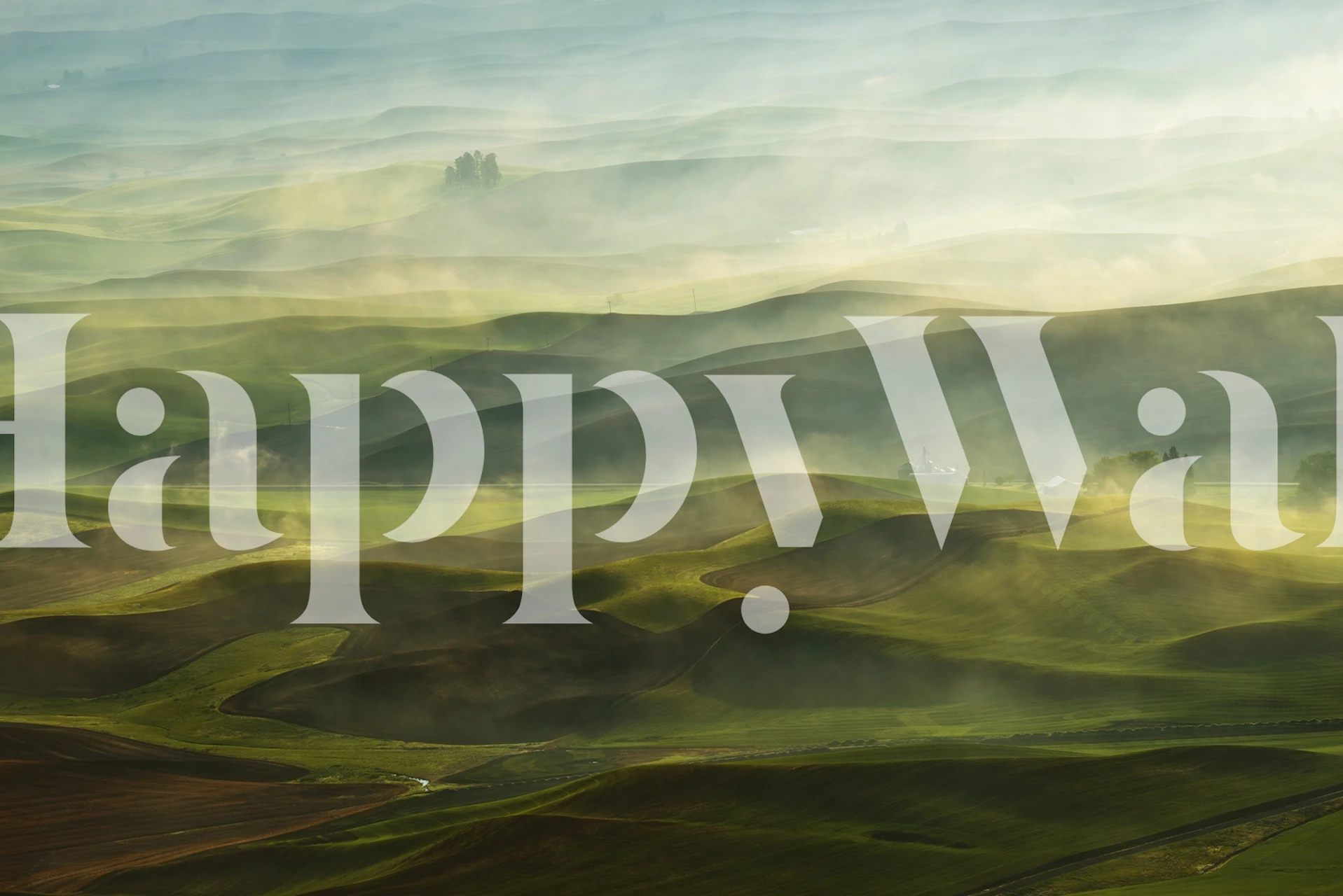 Et veggmaleri som viser soloppgang over de bølgende åsene i Palouse med gyllent lys og skygger