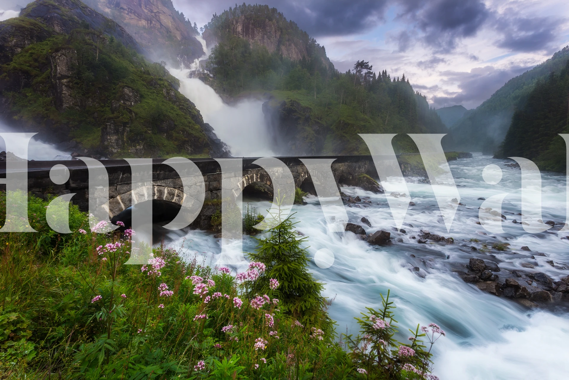 Låtefossen waterfall landscape with flowers and river wallpaper