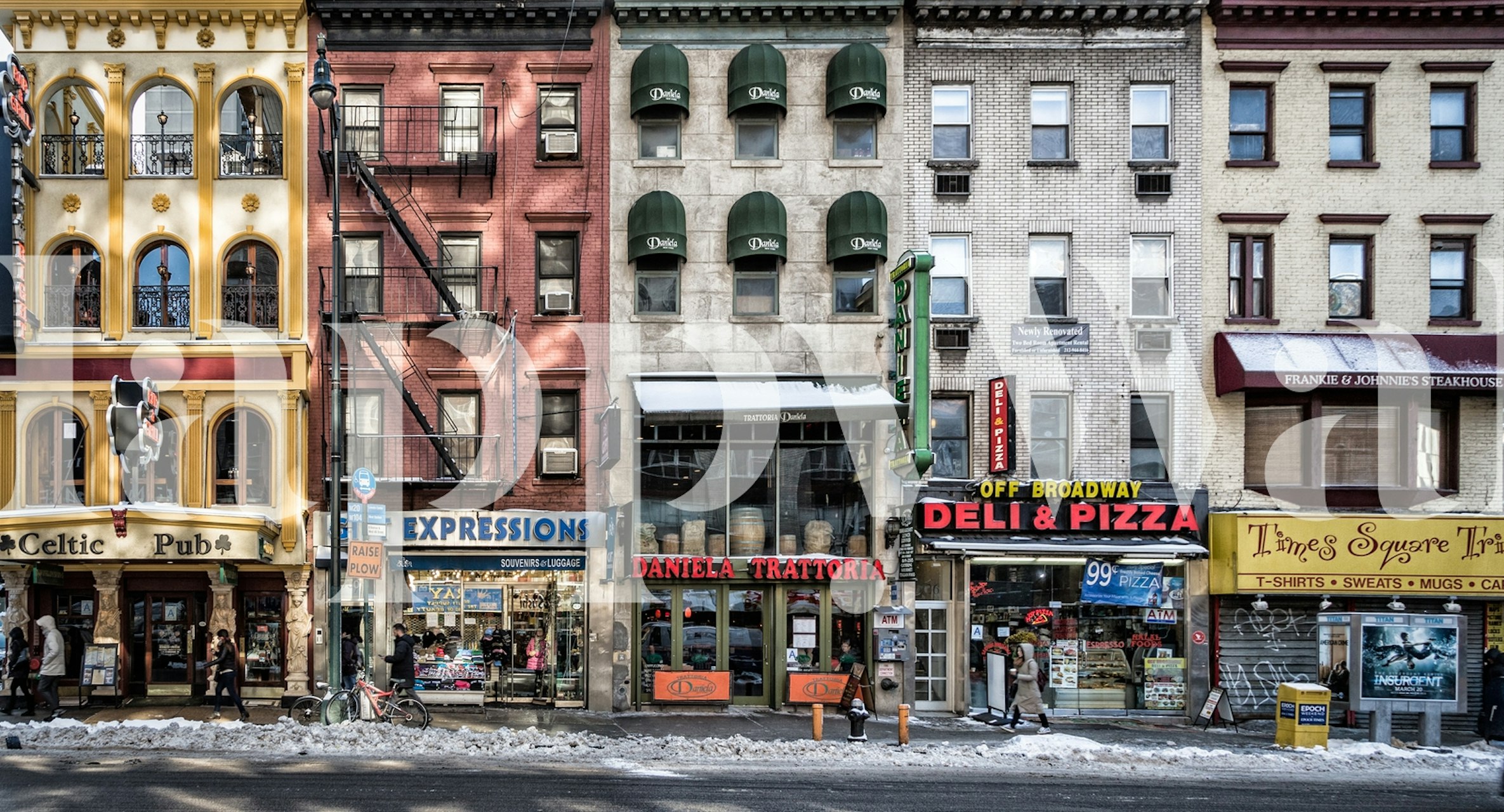 New York City street scene wall mural with diverse architecture and shop fronts