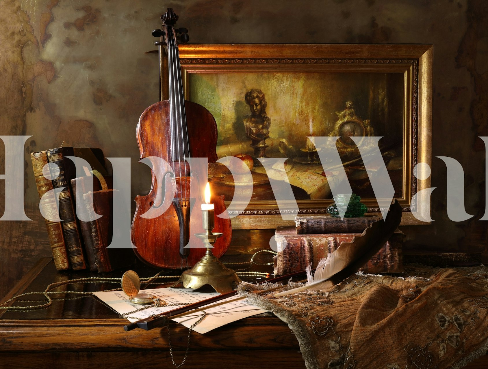 Violin, stack of books, candle and painting still life wallpaper