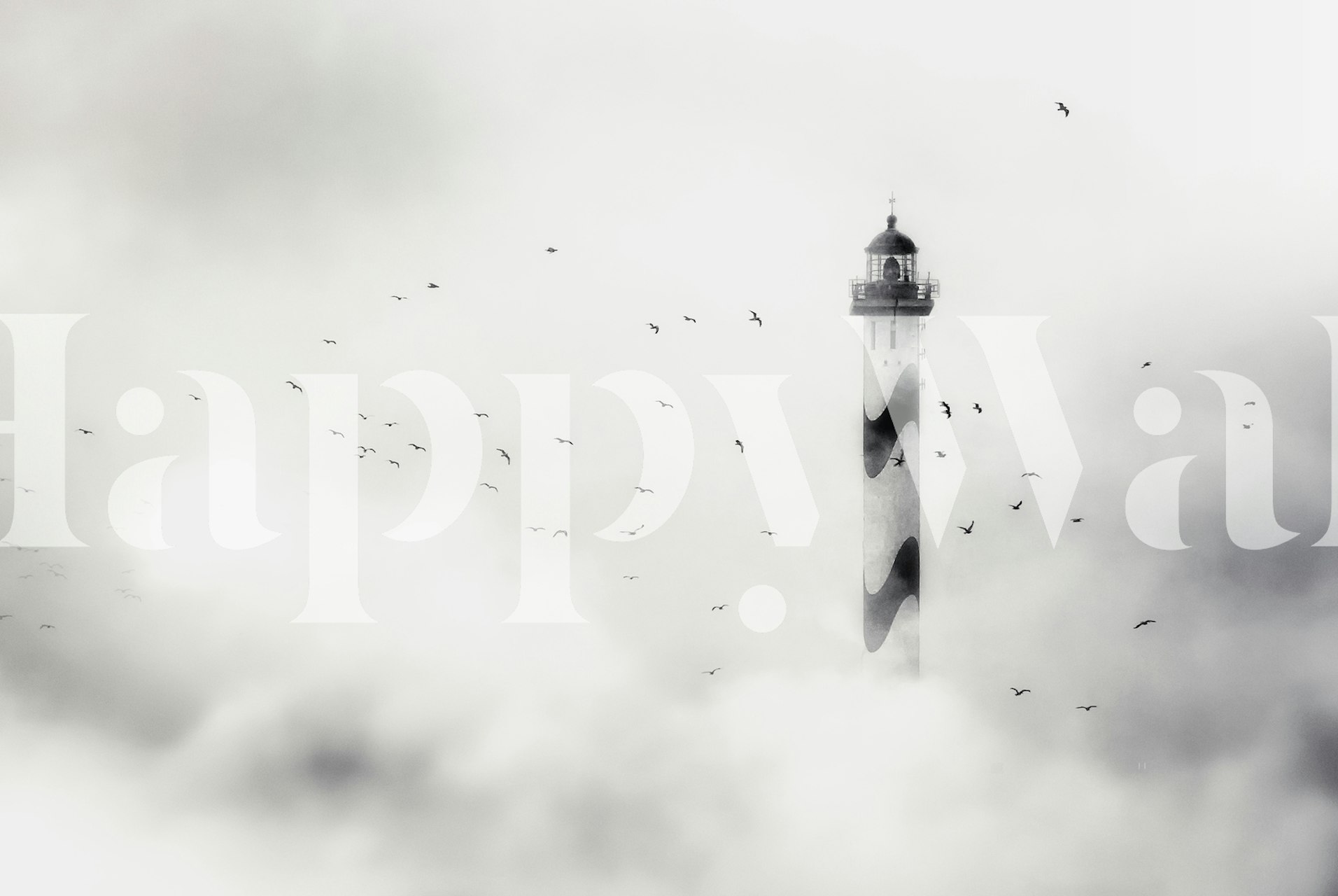 Foggy lighthouse silhouette in white mist wallpaper
