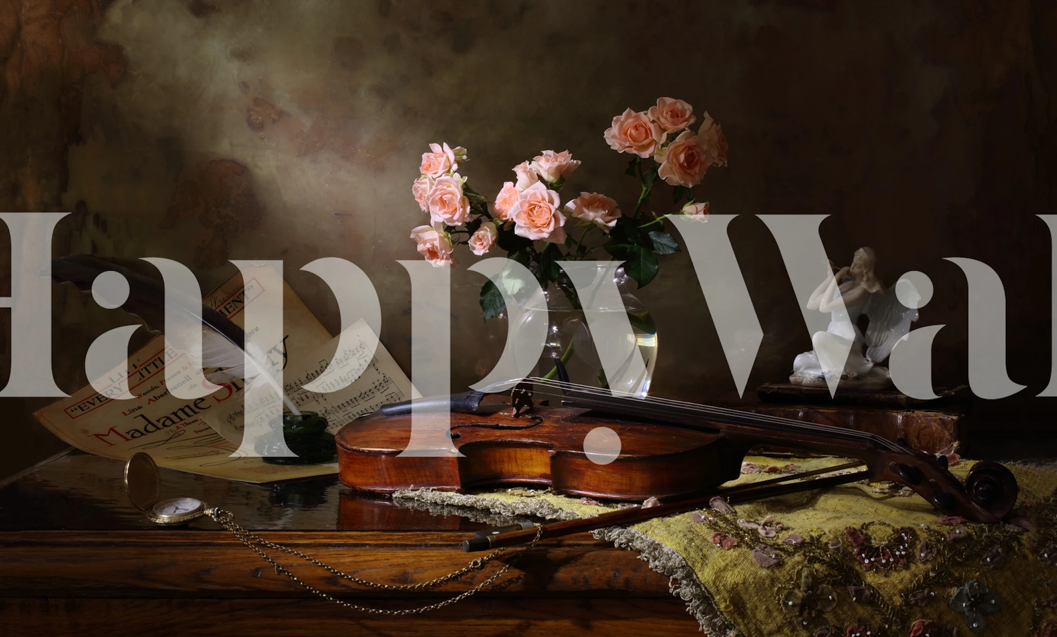 Stillleben-Wandbild mit einer Geige und Rosen im Vintage-Stil