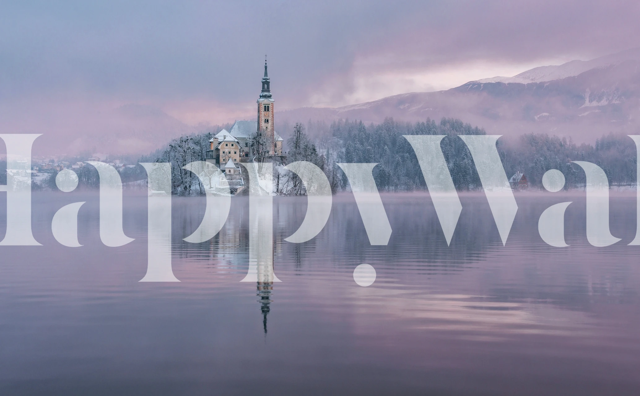 Winter landscape with a frozen castle reflected in calm waters, pink and white tones wallpaper