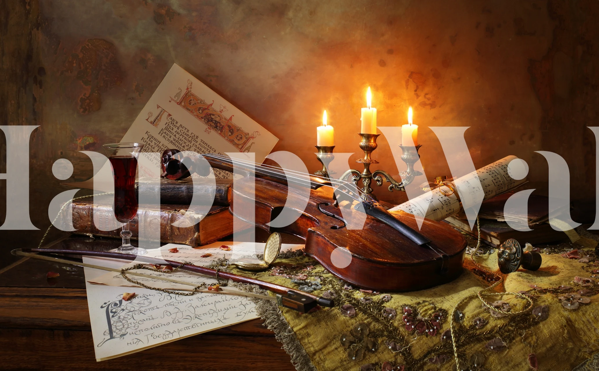 Violin, candles, and vintage papers on a wooden surface wallpaper