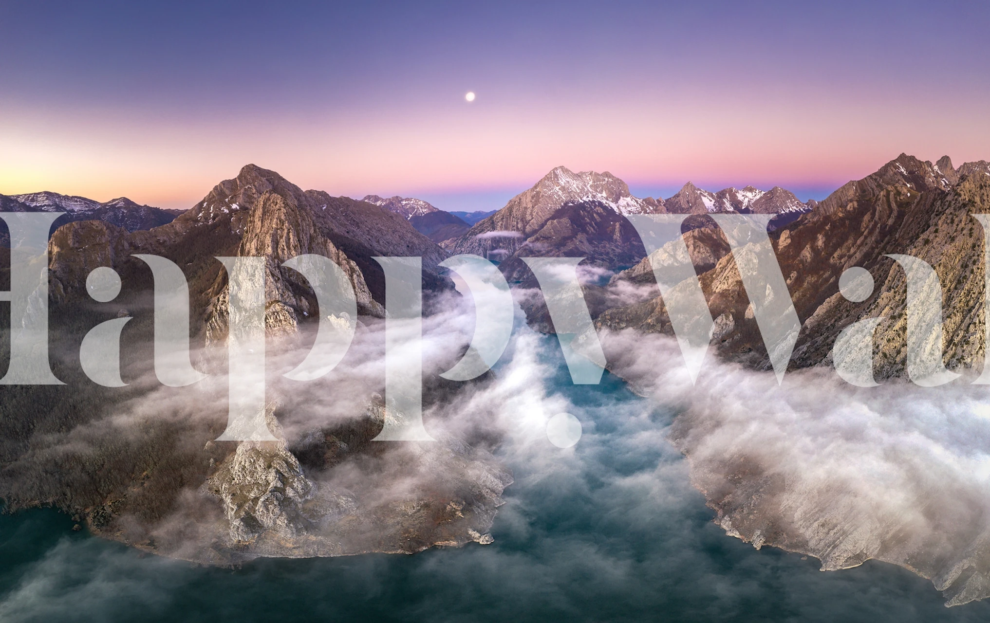 Mountain landscape with clouds and a moon. Soft purple and blue tones. Artwork wallpaper.