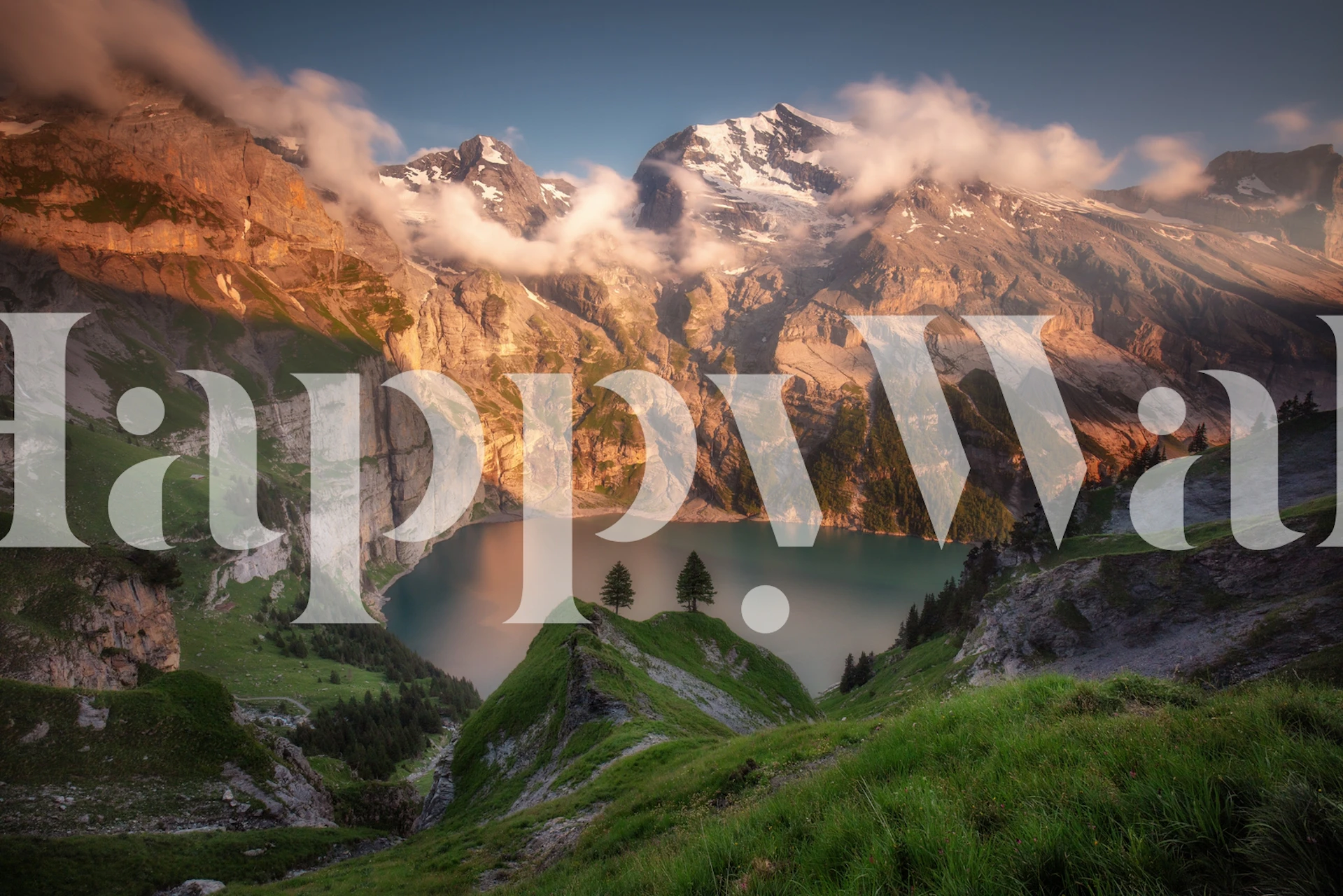 fotomural vinílico de parede do lago Oeschinensee com montanhas alpinas e pôr do sol