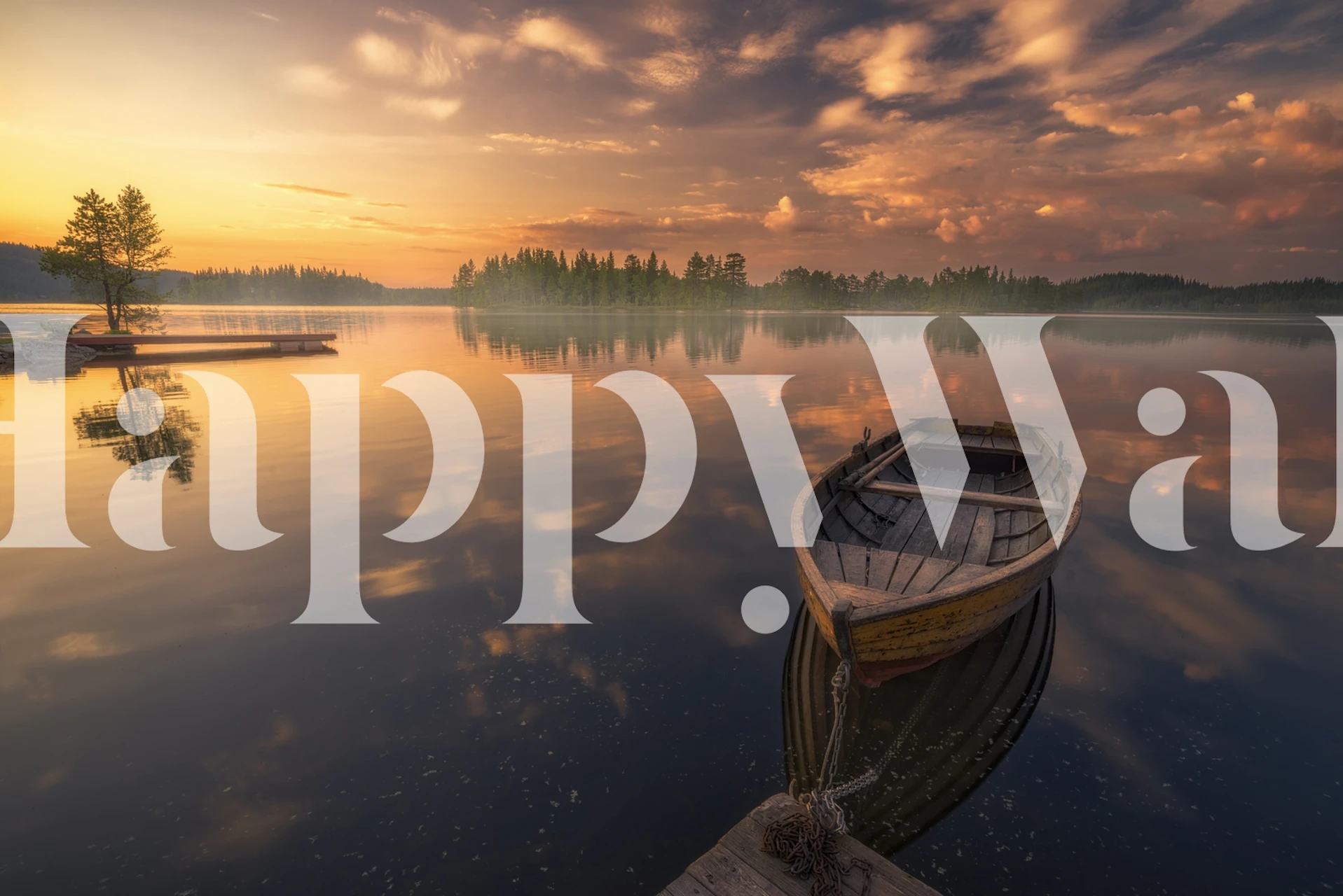Serene lake with sunrise and boat wall mural