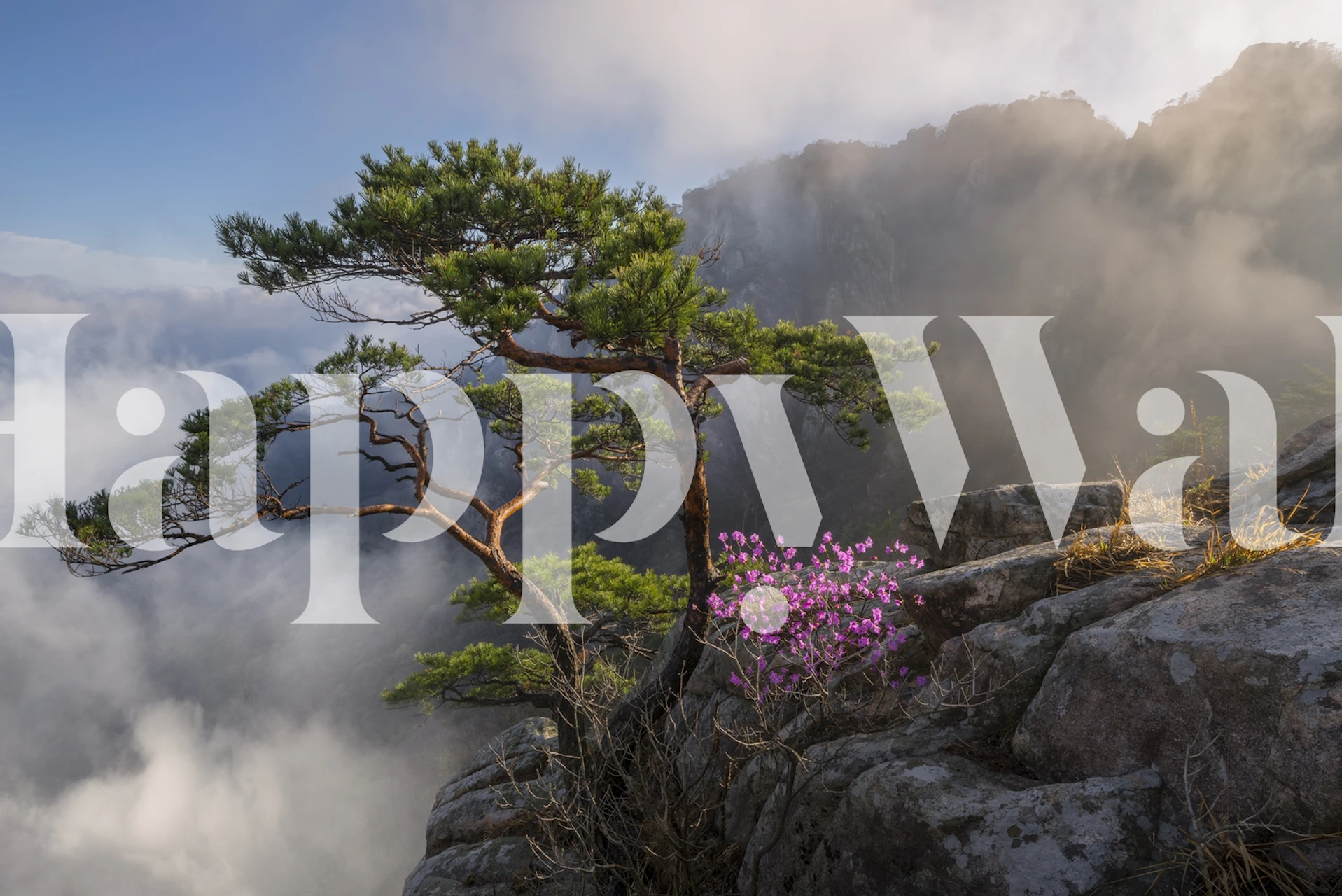 Mountain landscape with pink flowers and greenery wallpaper