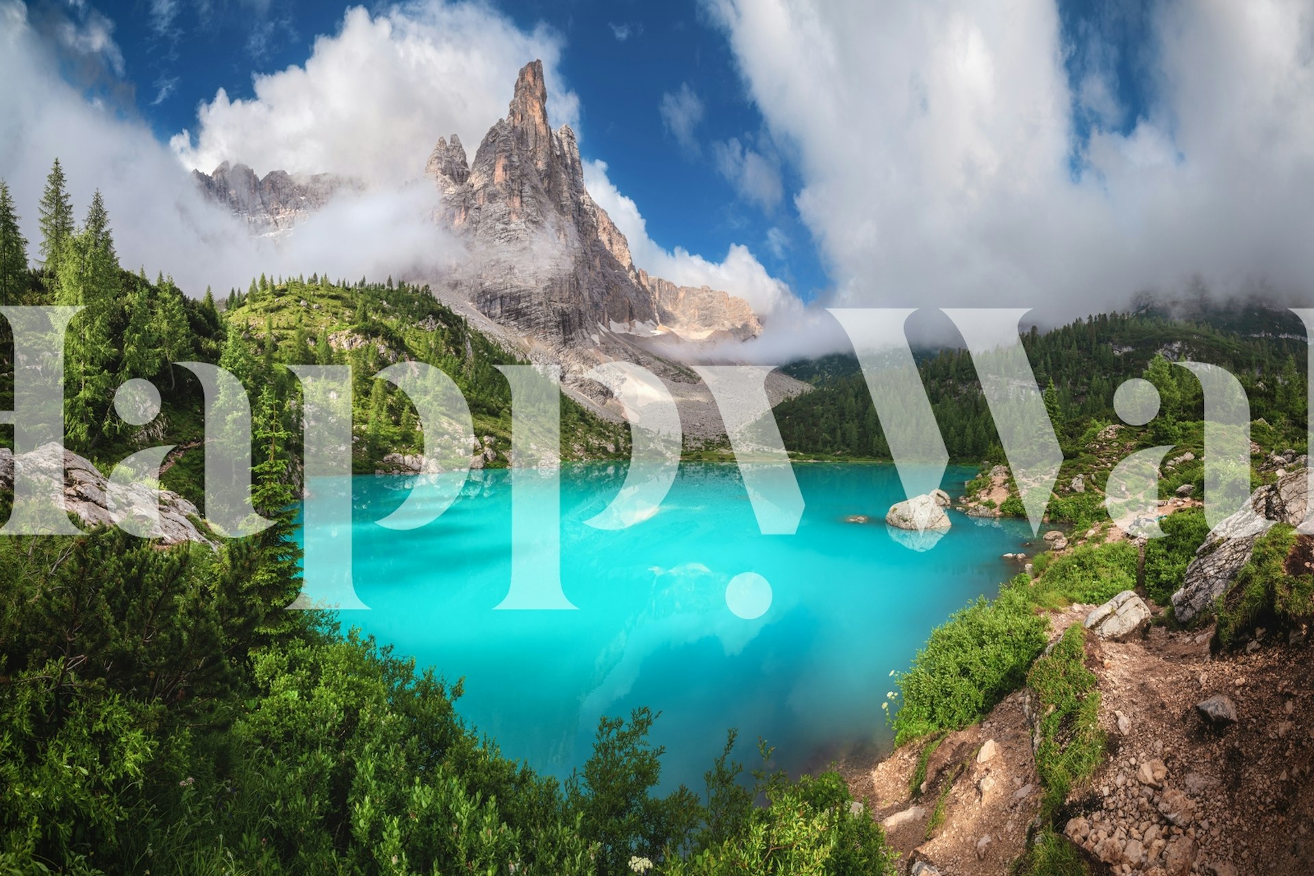 Lago di Sorapis panoramic wall mural showing turquoise lake and Italian Alps