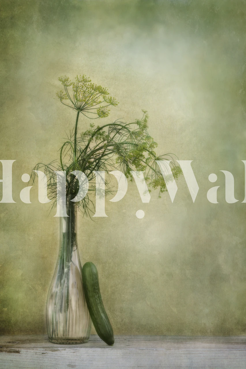 Green dill plant and cucumber in a glass vase wallpaper