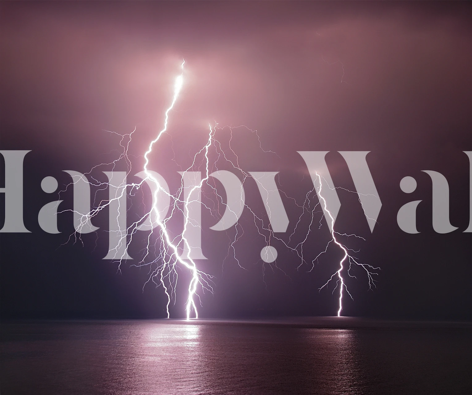 Lightning strikes over calm sea in purple and grey tones wallpaper