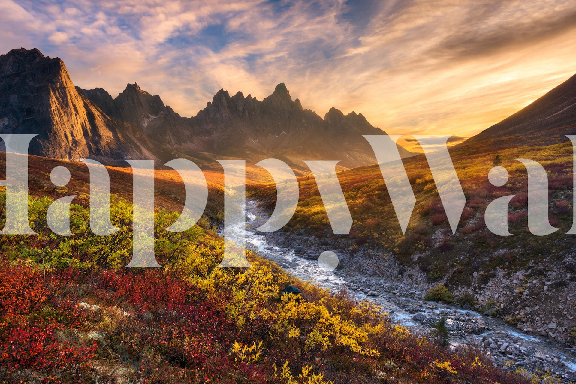 Scenic mountain wall mural with sunset and river