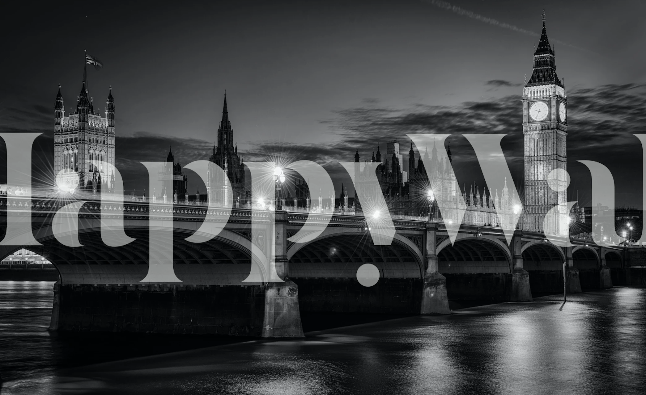 Black and white depiction of London skyline with bridge and clock tower wallpaper