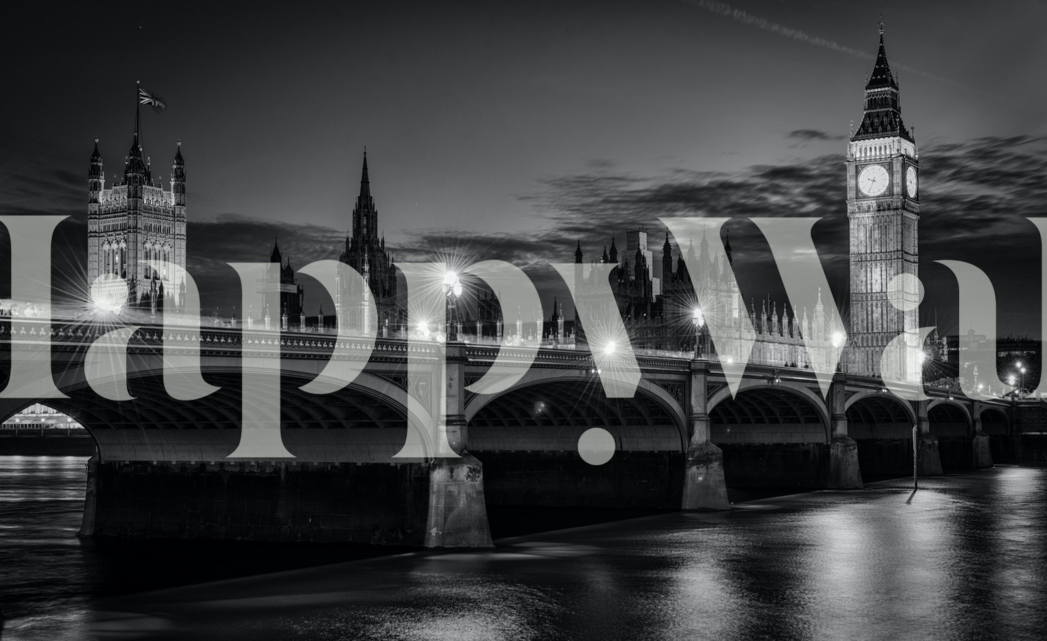Black and white depiction of London skyline with bridge and clock tower wallpaper