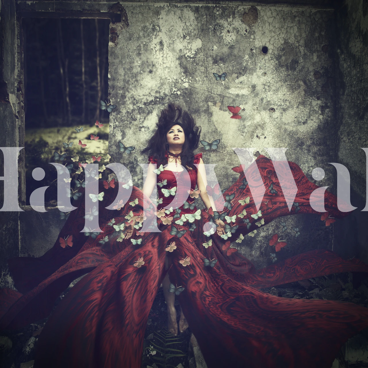 Wall mural with a figure in a red dress surrounded by butterflies.