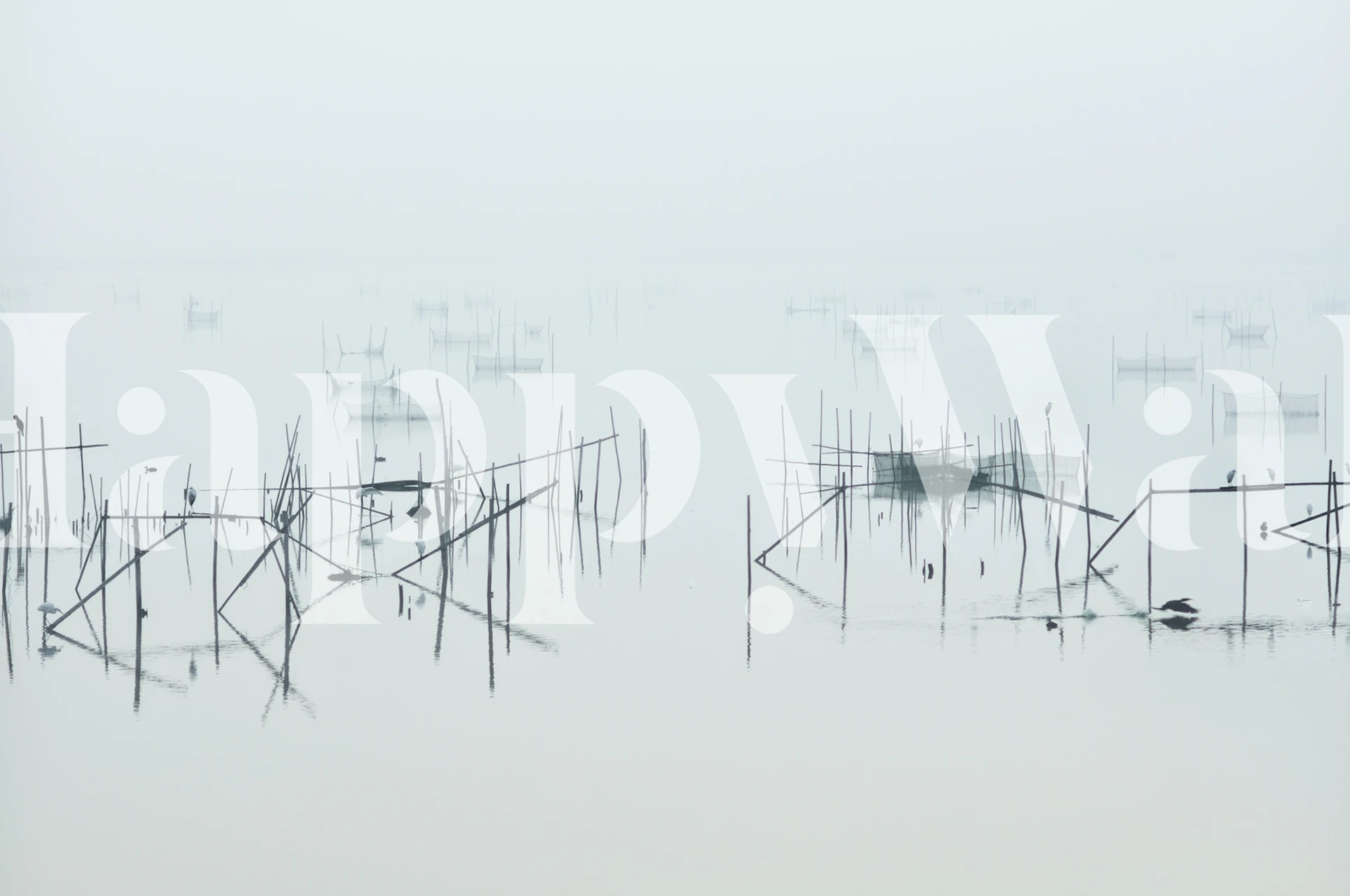 Foggy water landscape with fishing poles and boats wallpaper