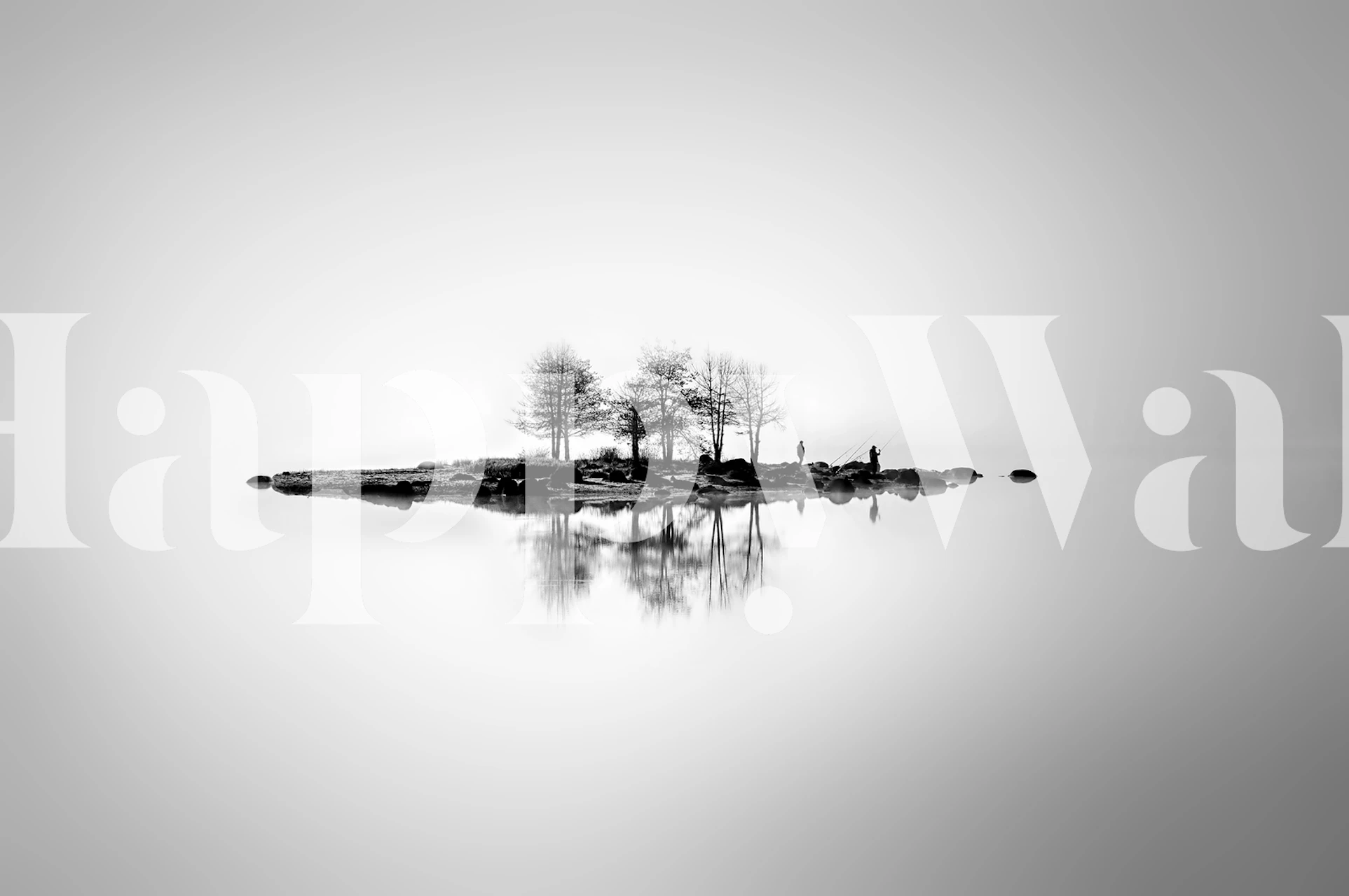 Black and white floating island with trees reflected in water wallpaper