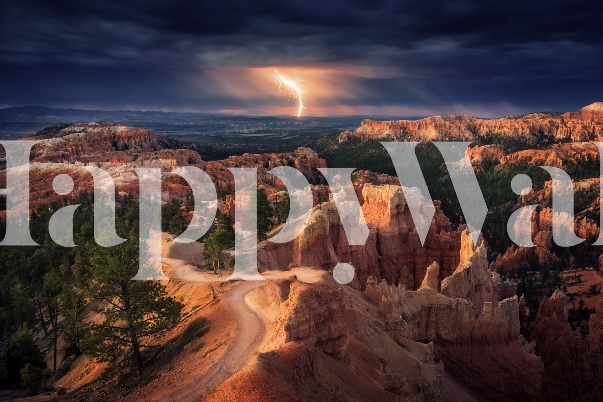 Dramatic landscape mural featuring rocky canyons under a stormy sky with lightning. Nature wallpaper.