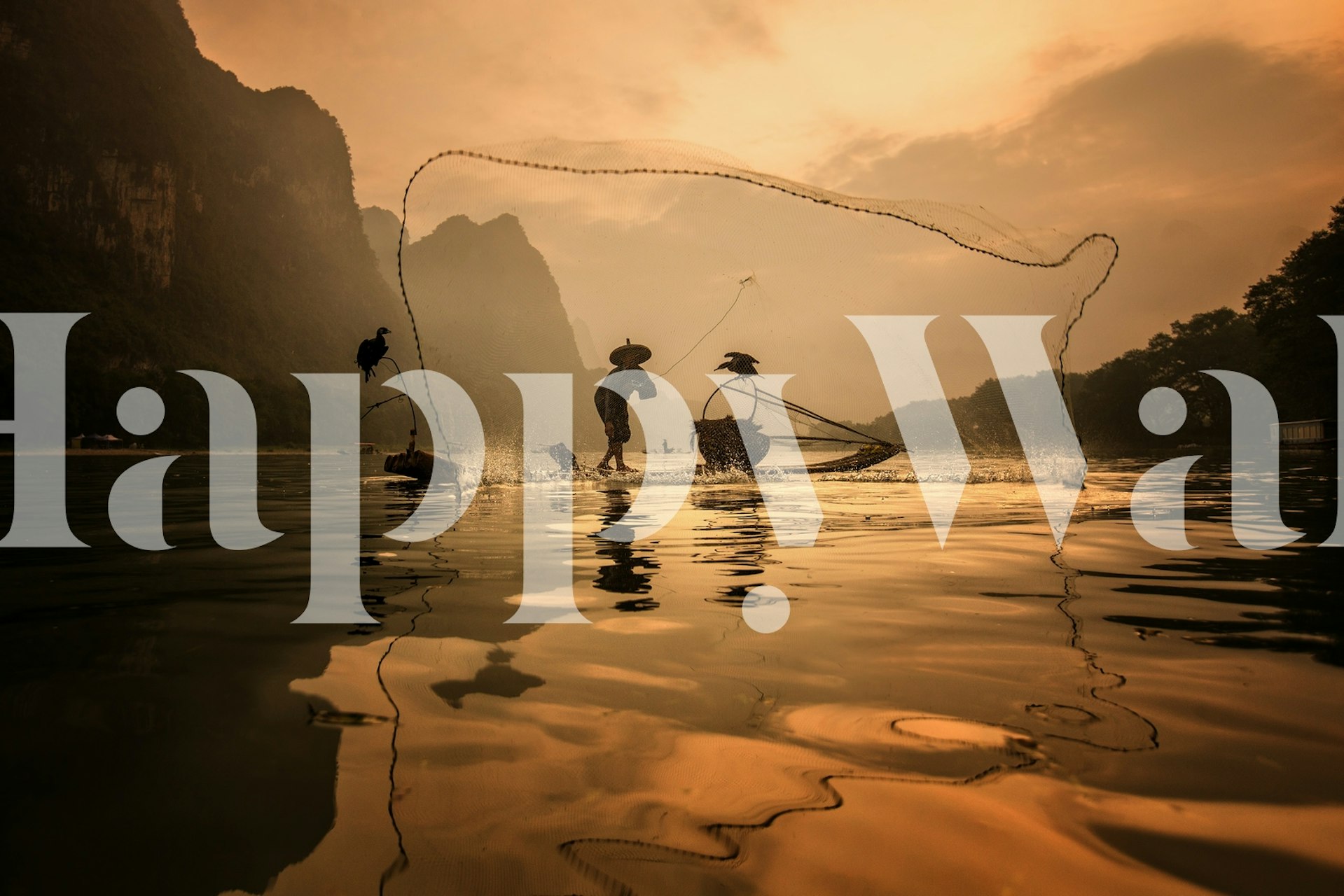 Fishermen casting nets on water at sunrise wall mural