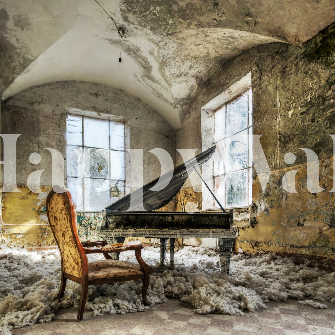 Ethereal abandoned room with a grand piano wall mural