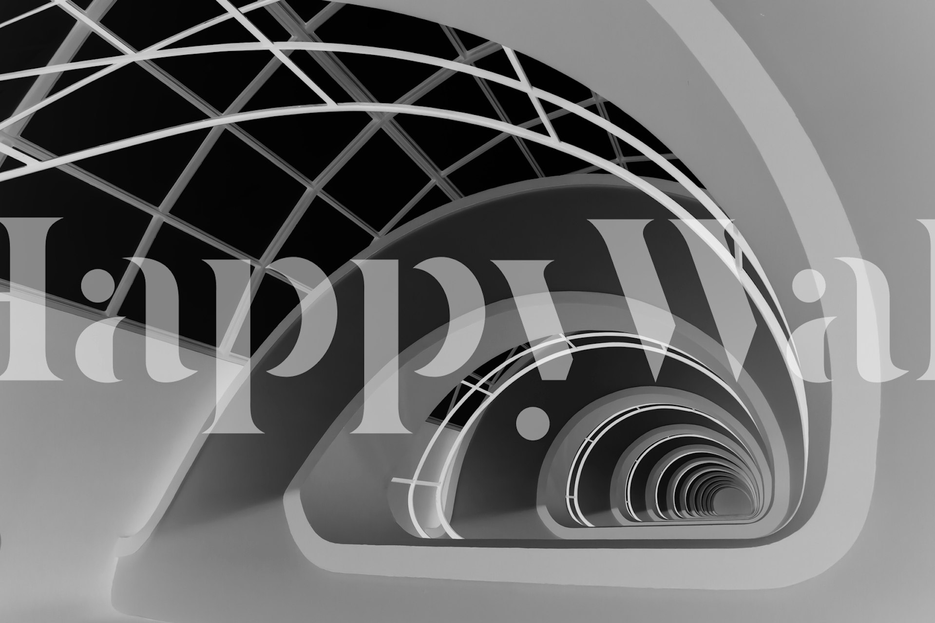 Antwerp Stairs wall mural showing a mesmerizing monochrome spiral staircase design