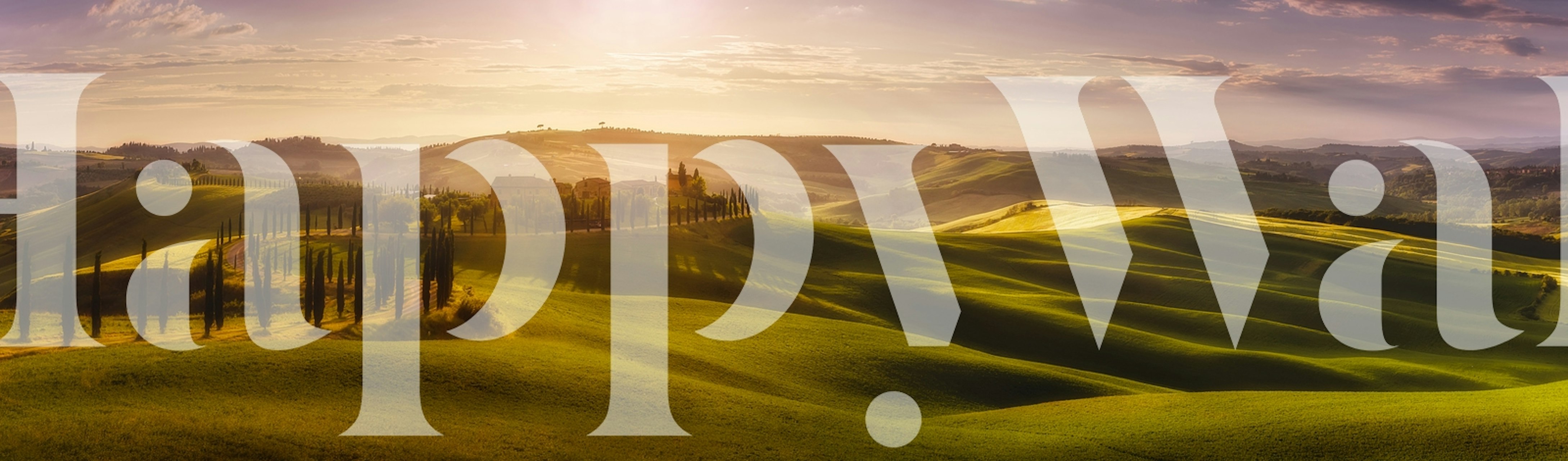 Panoramic wall mural depicting rolling hills under a glowing sky with hues of green and gold.