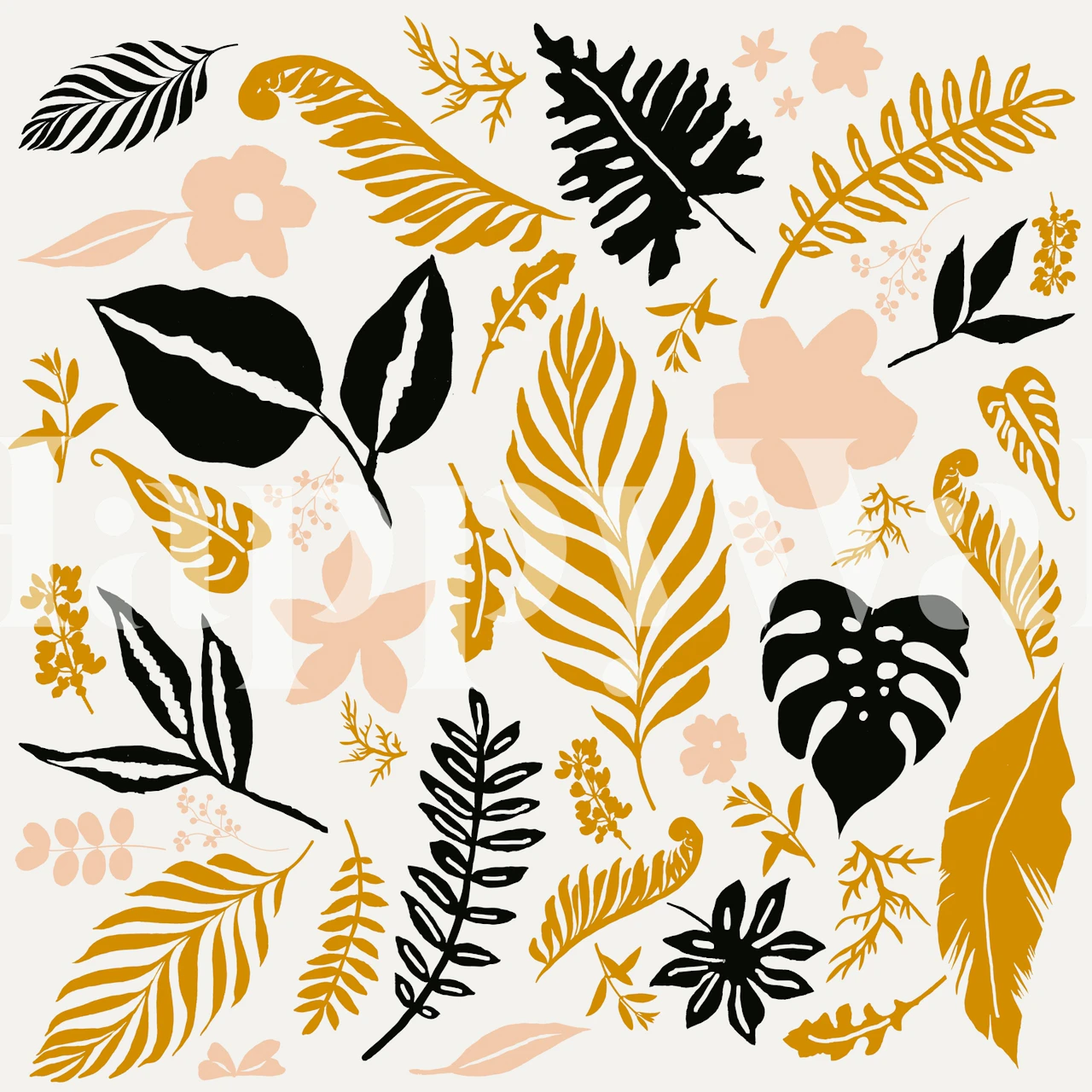 Tropical leaves and flowers in black, gold, and pastel colors wallpaper