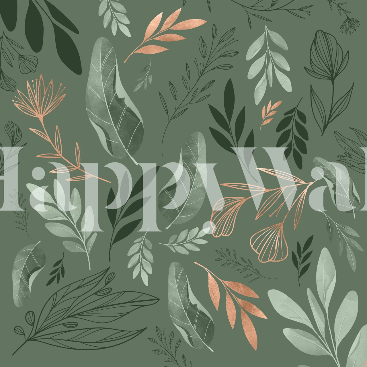 Botanical leaves in green, beige, and copper tones wallpaper