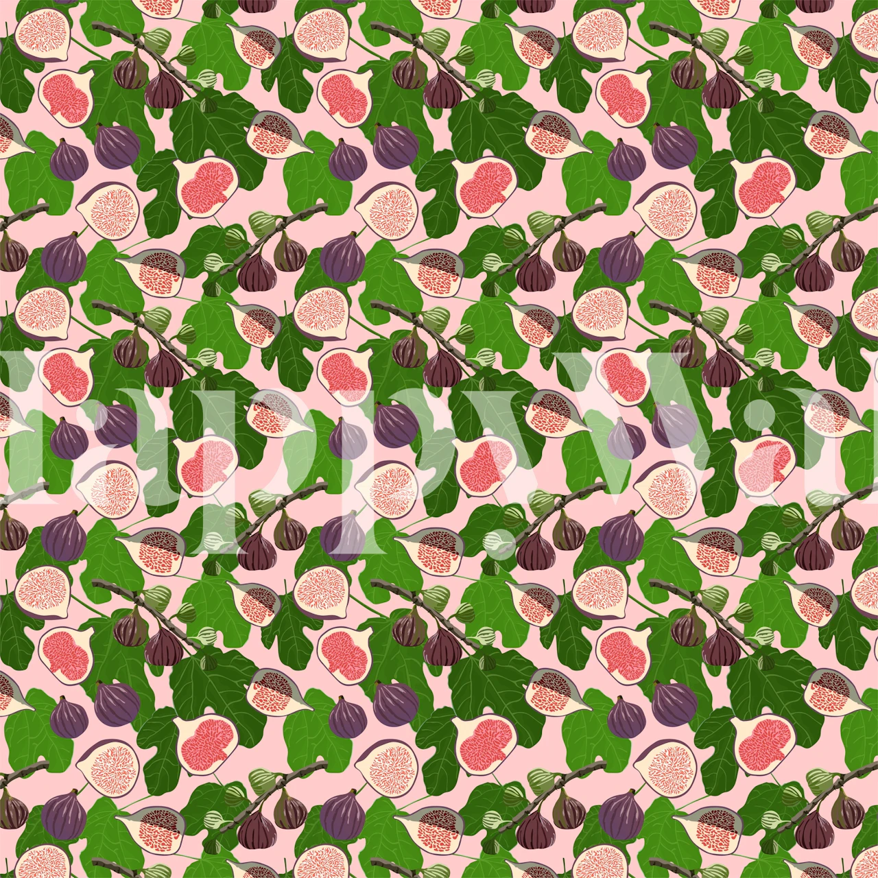 Bright and inviting Figs and Leaves wall mural with pink and purple figs amidst green foliage pattern