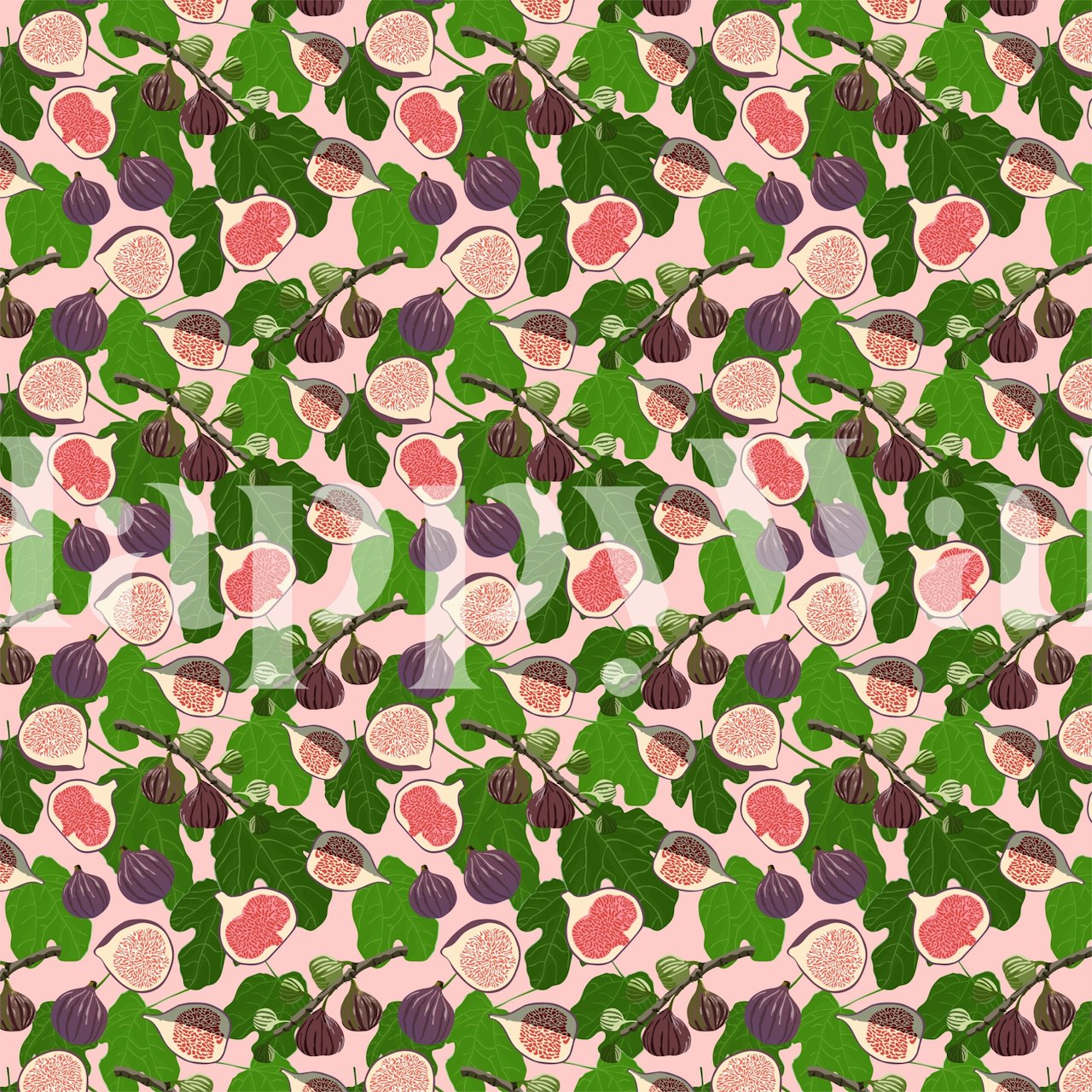Bright and inviting Figs and Leaves wall mural with pink and purple figs amidst green foliage pattern