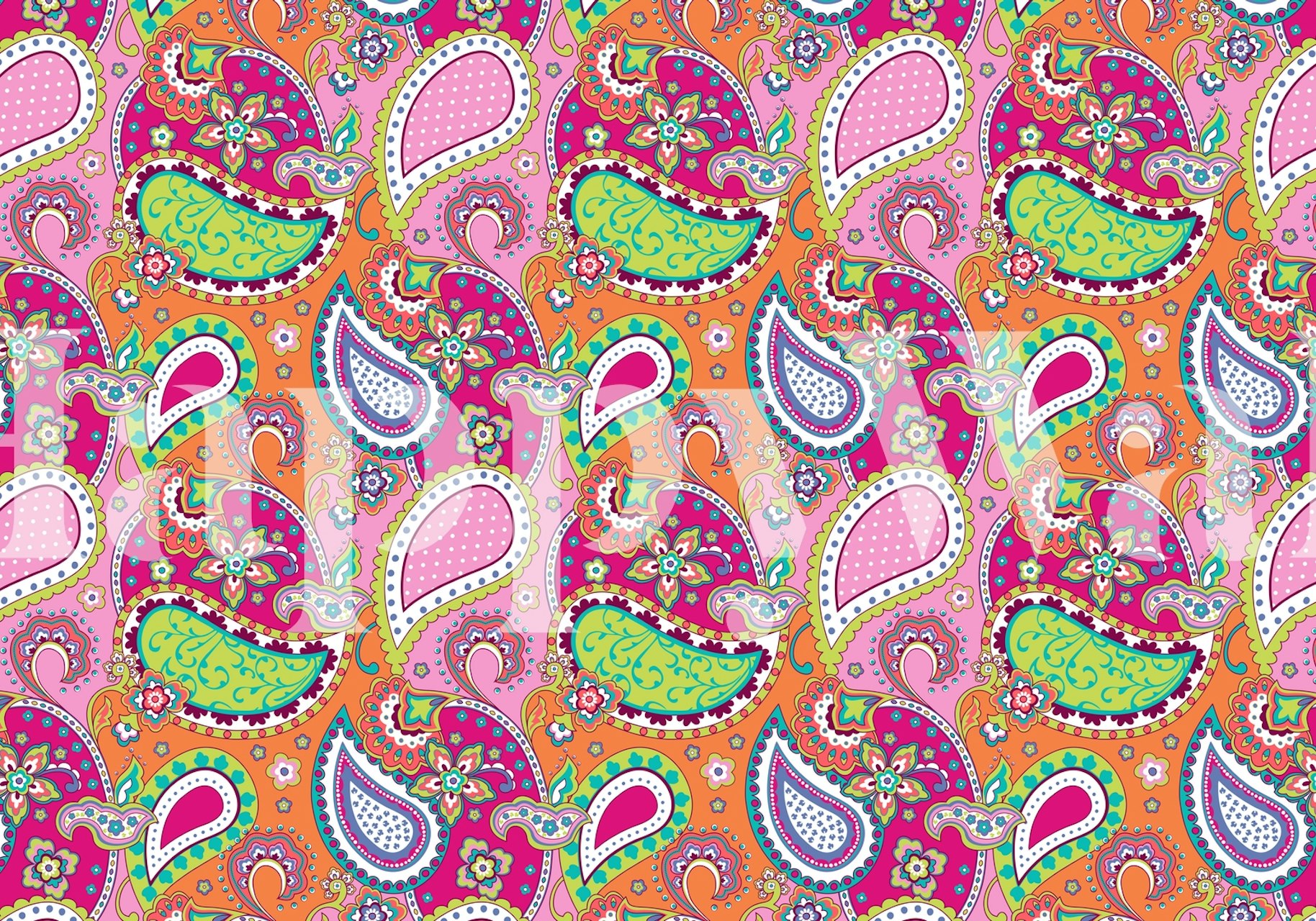 Colorful paisley patterns in pink, orange, and green wallpaper