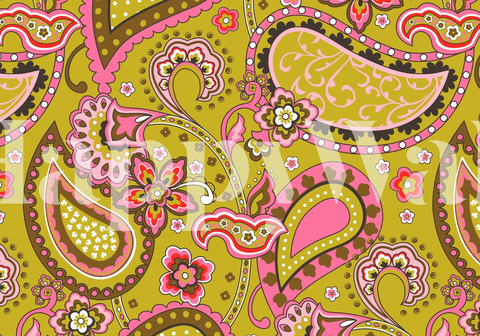 Paisley pink olive green wallpaper in a room