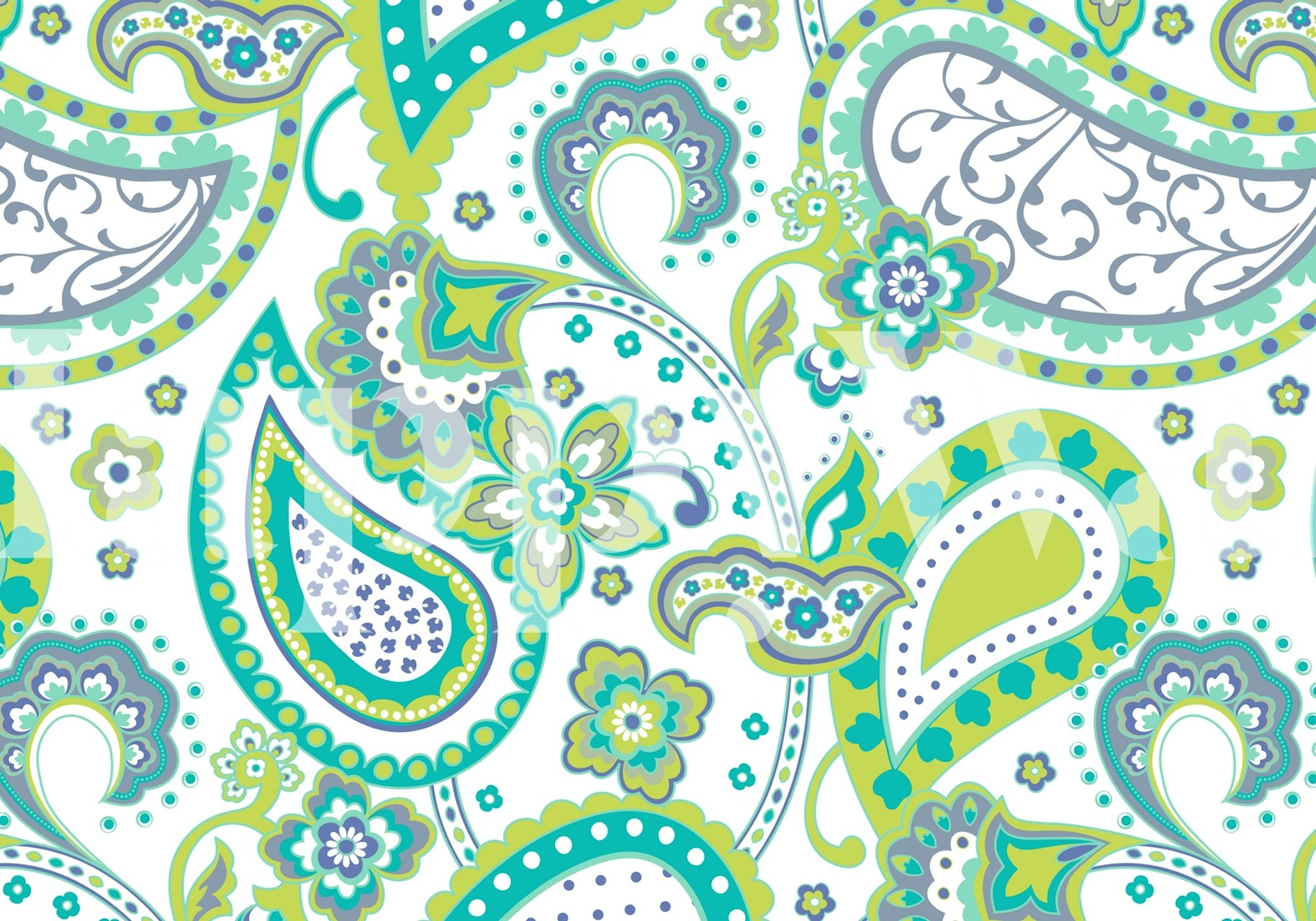 Paisley-kuvioinen seinämaalaus vihreänä, valkoisena ja sinisenä