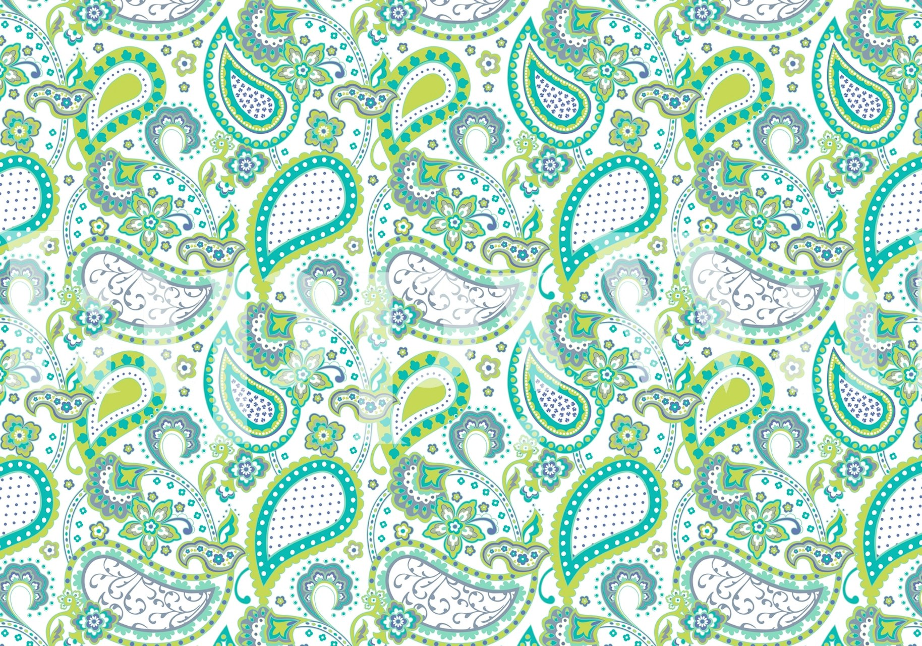 Veggmaleri med grønt, hvitt og blått paisleymønster